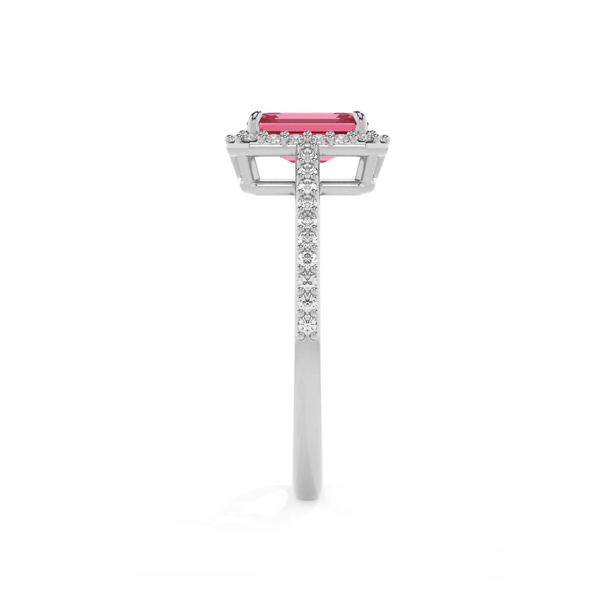 lab grown pink-tourmaline emerald cut solitaire rings in white gold