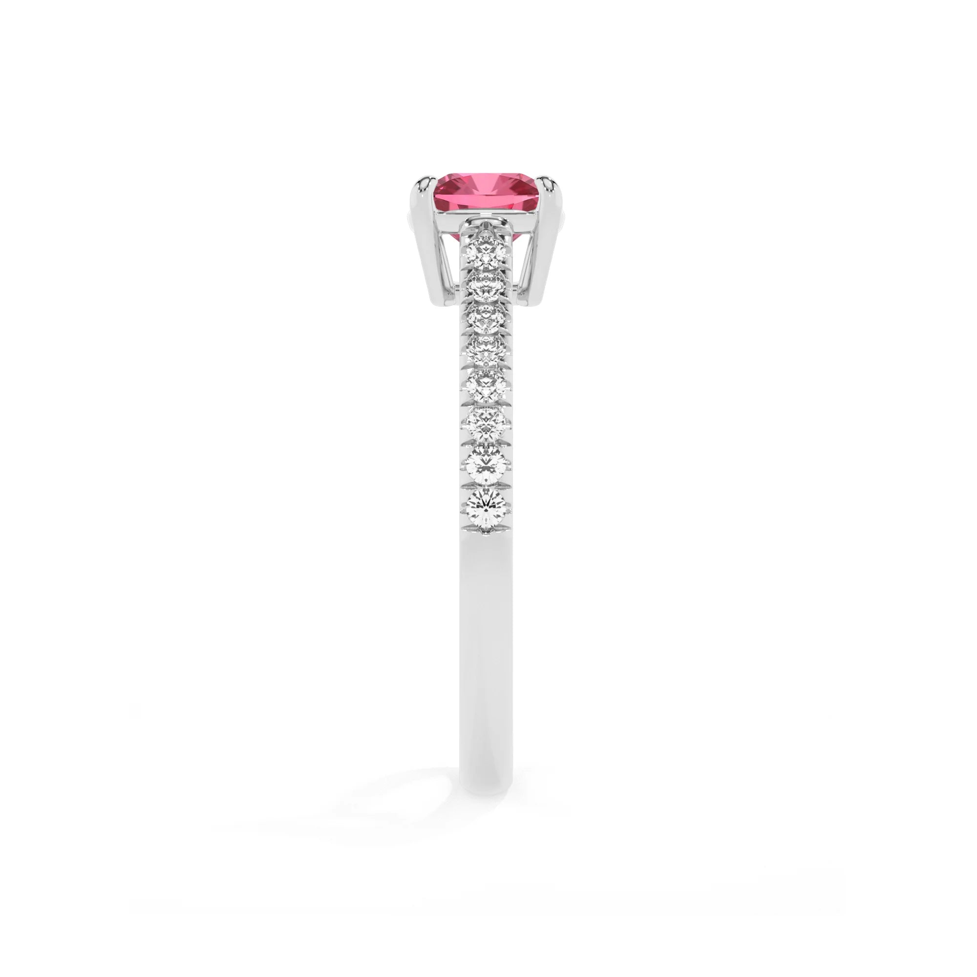 lab grown pink-tourmaline cushion half eternity solitaire engagement rings in white gold