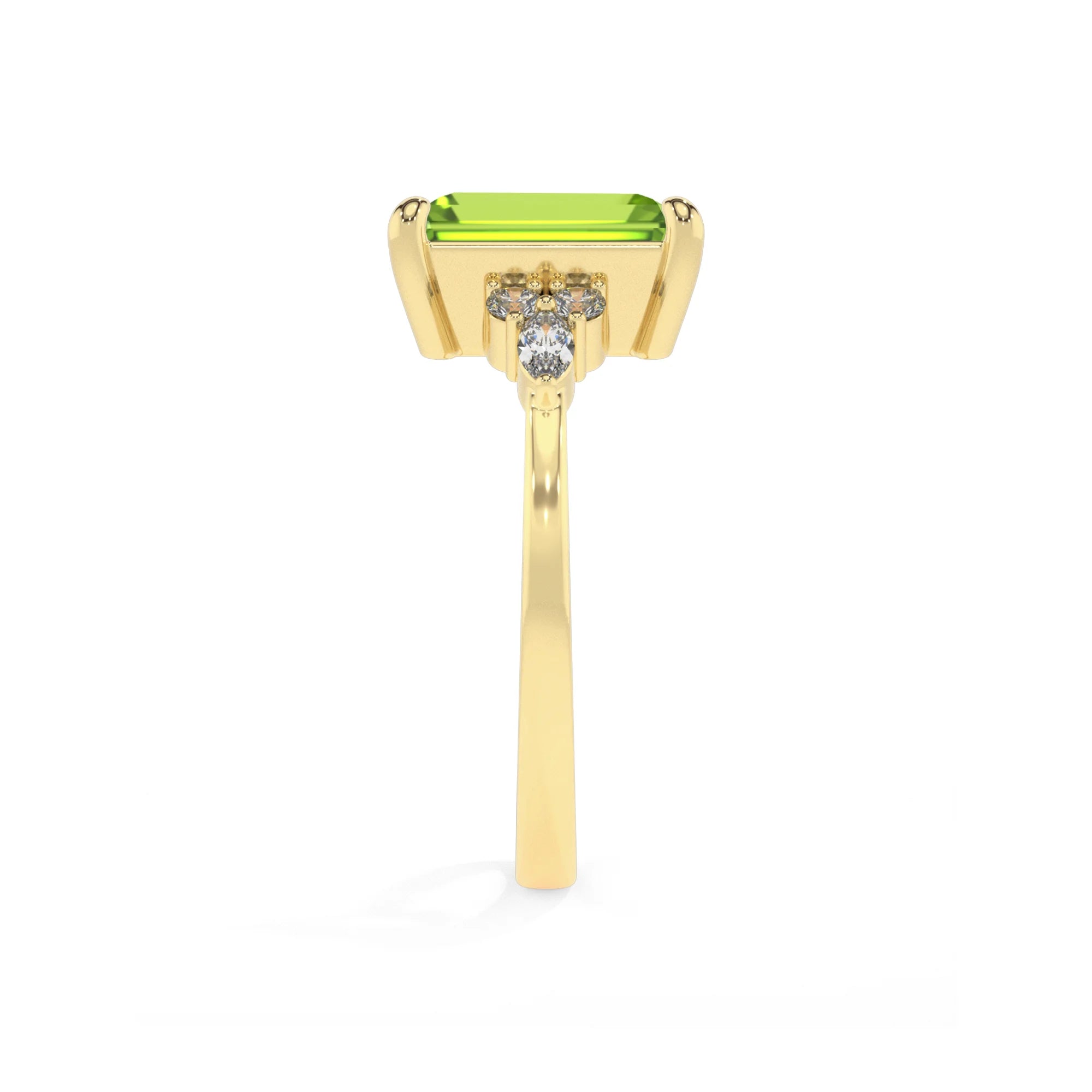 natural peridot emerald cut solitaire rings in yellow gold