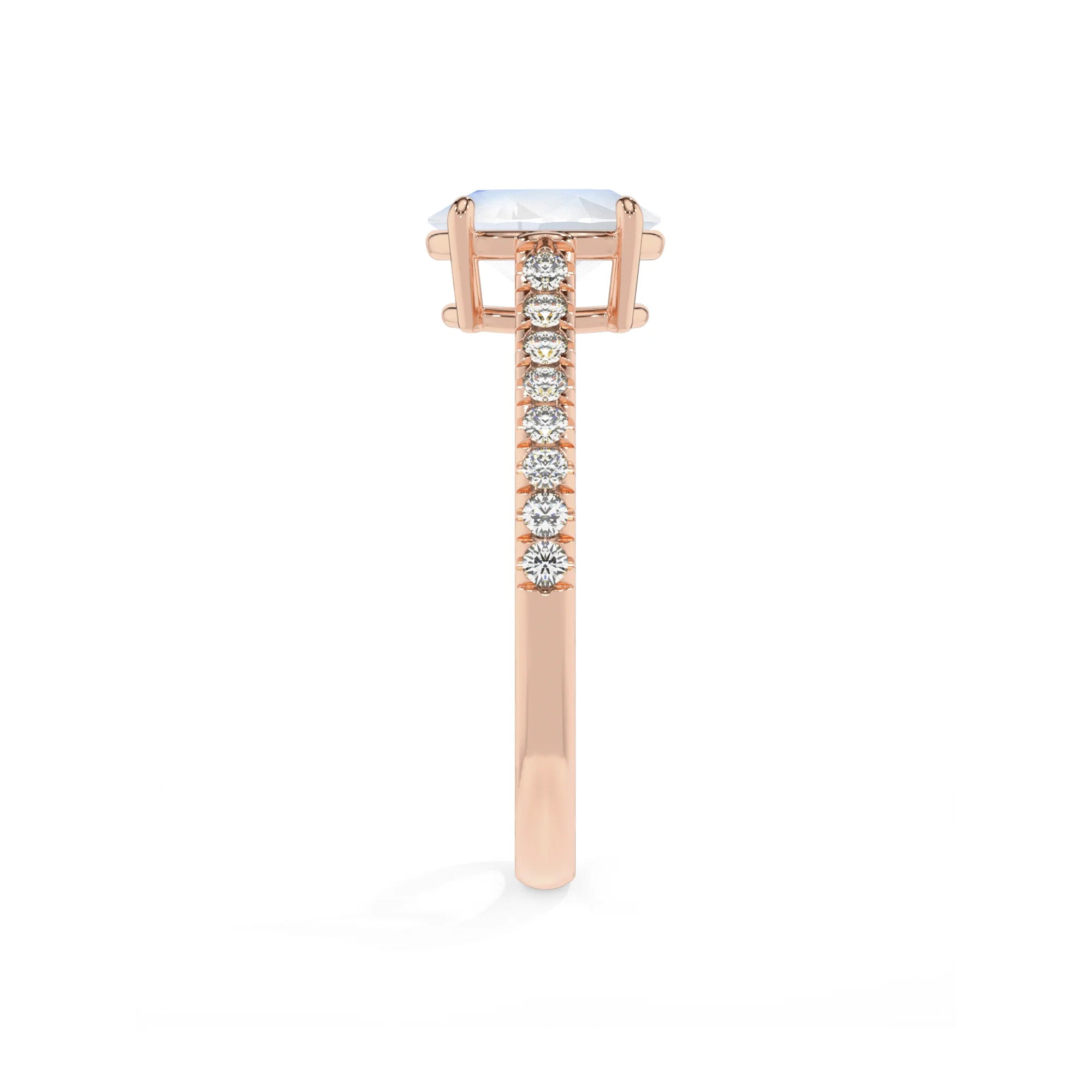 natural rainbow-moonstone oval half eternity solitaire engagement rings in rose gold