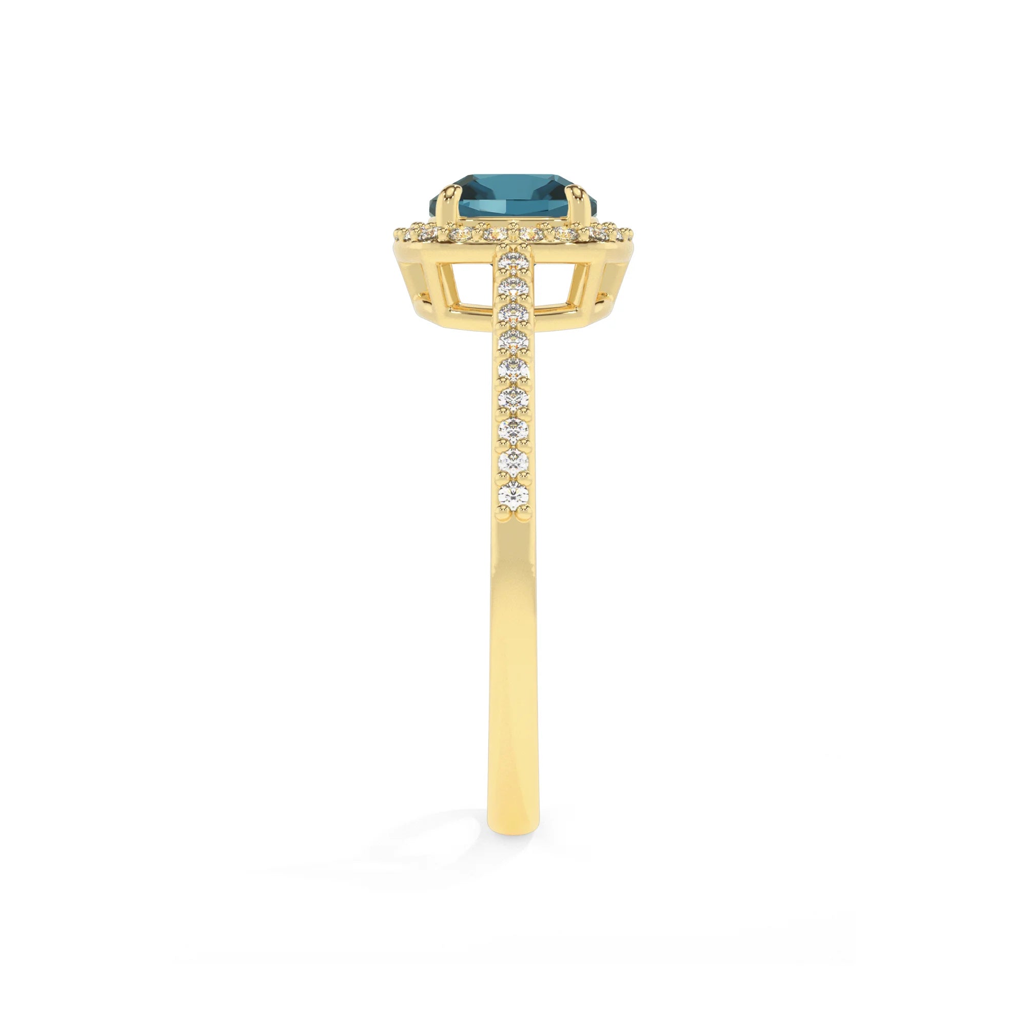 natural london-blue-topaz cushion solitaire rings in yellow gold