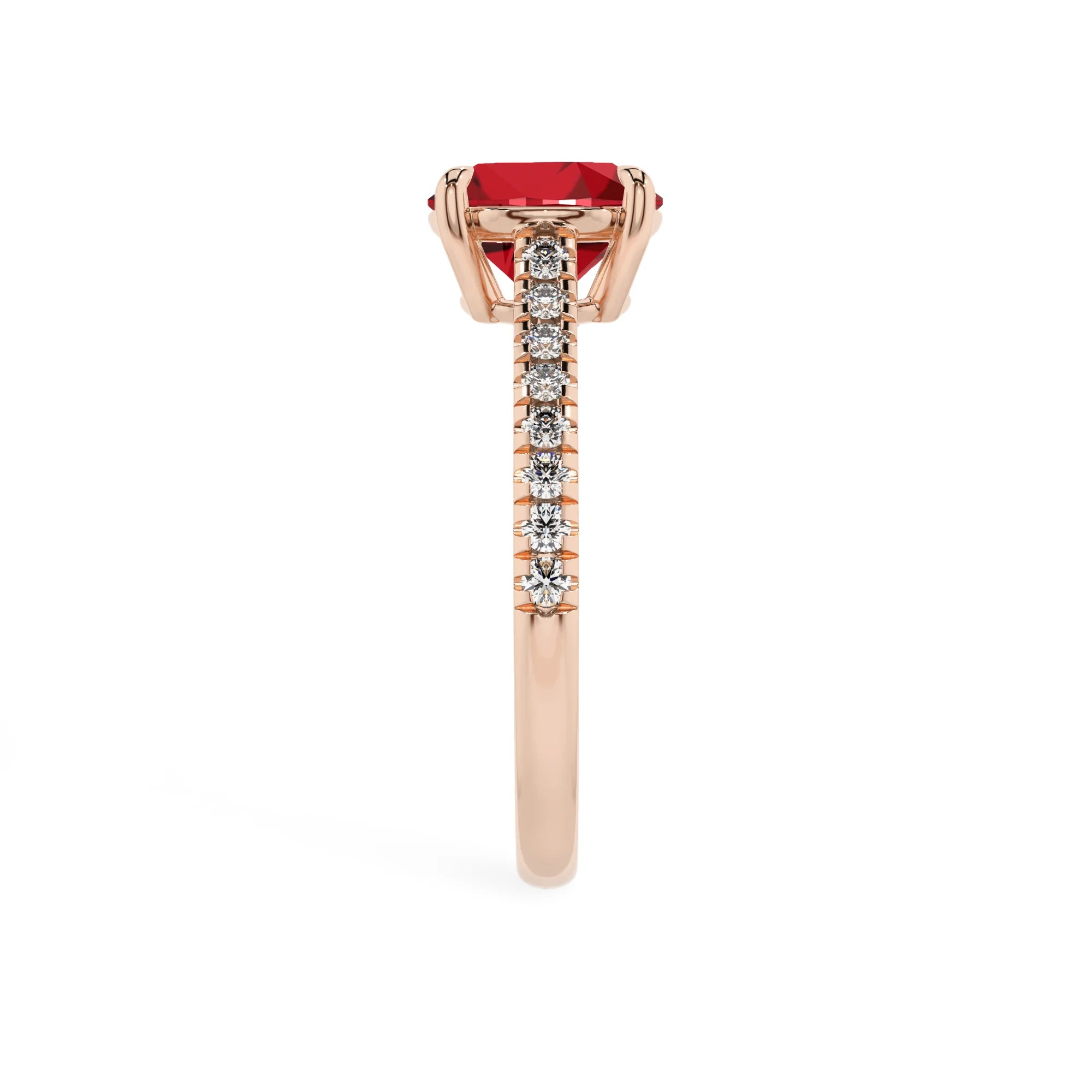 lab grown ruby round half eternity solitaire engagement rings in rose gold