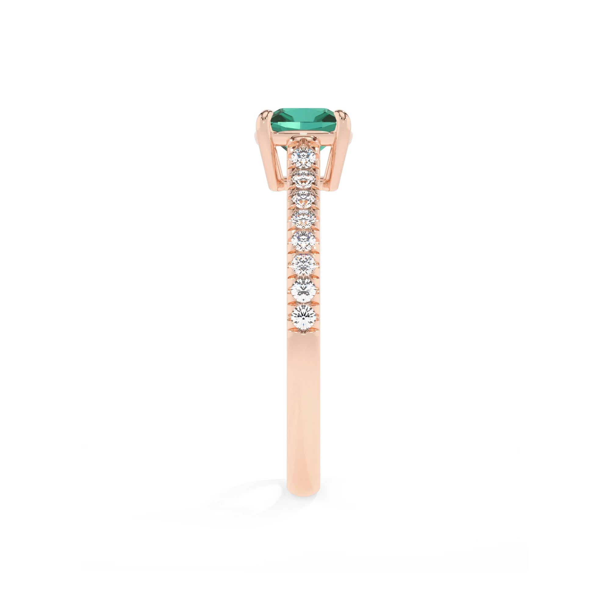 lab grown emerald cushion half eternity solitaire engagement rings in rose gold