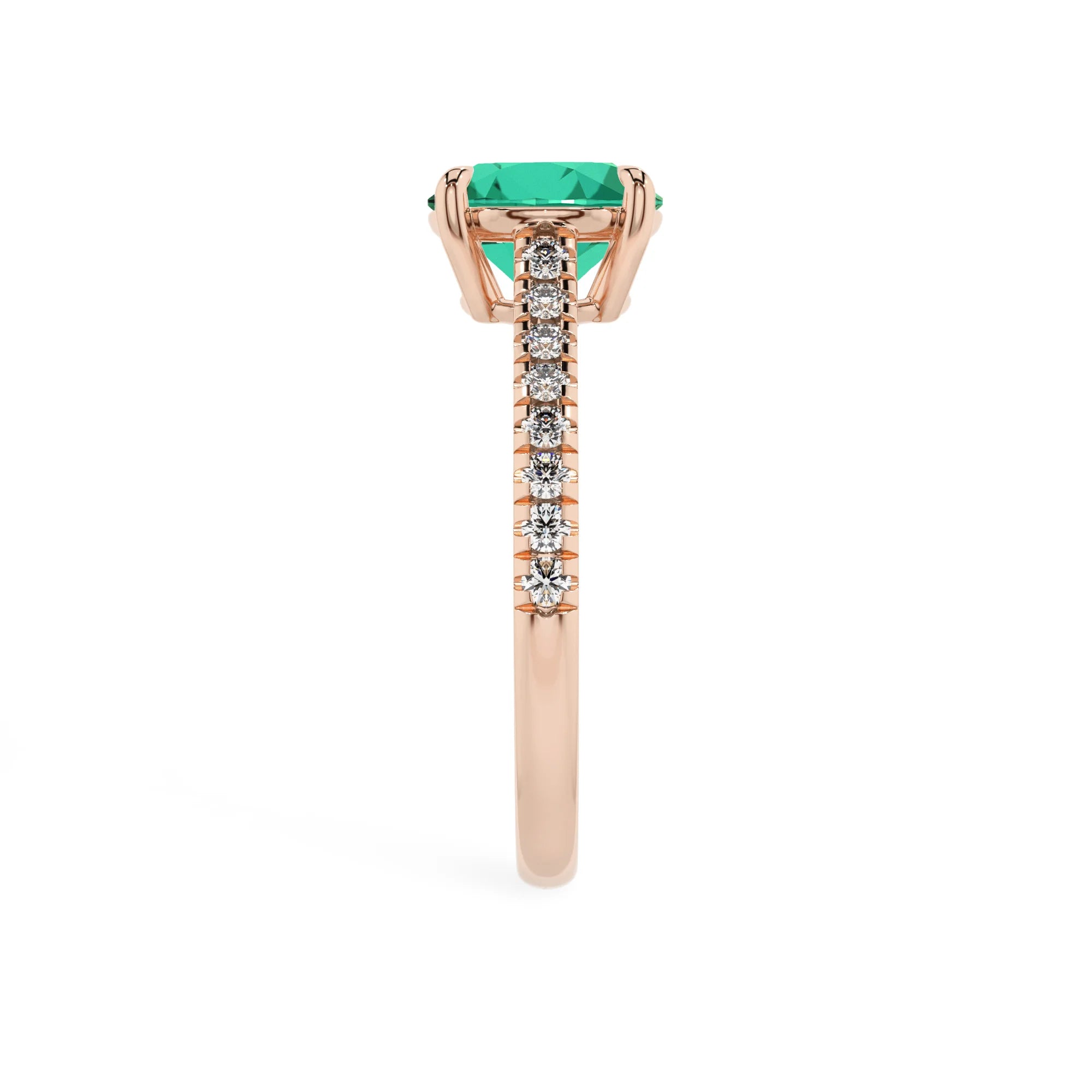 lab grown emerald round half eternity solitaire engagement rings in rose gold