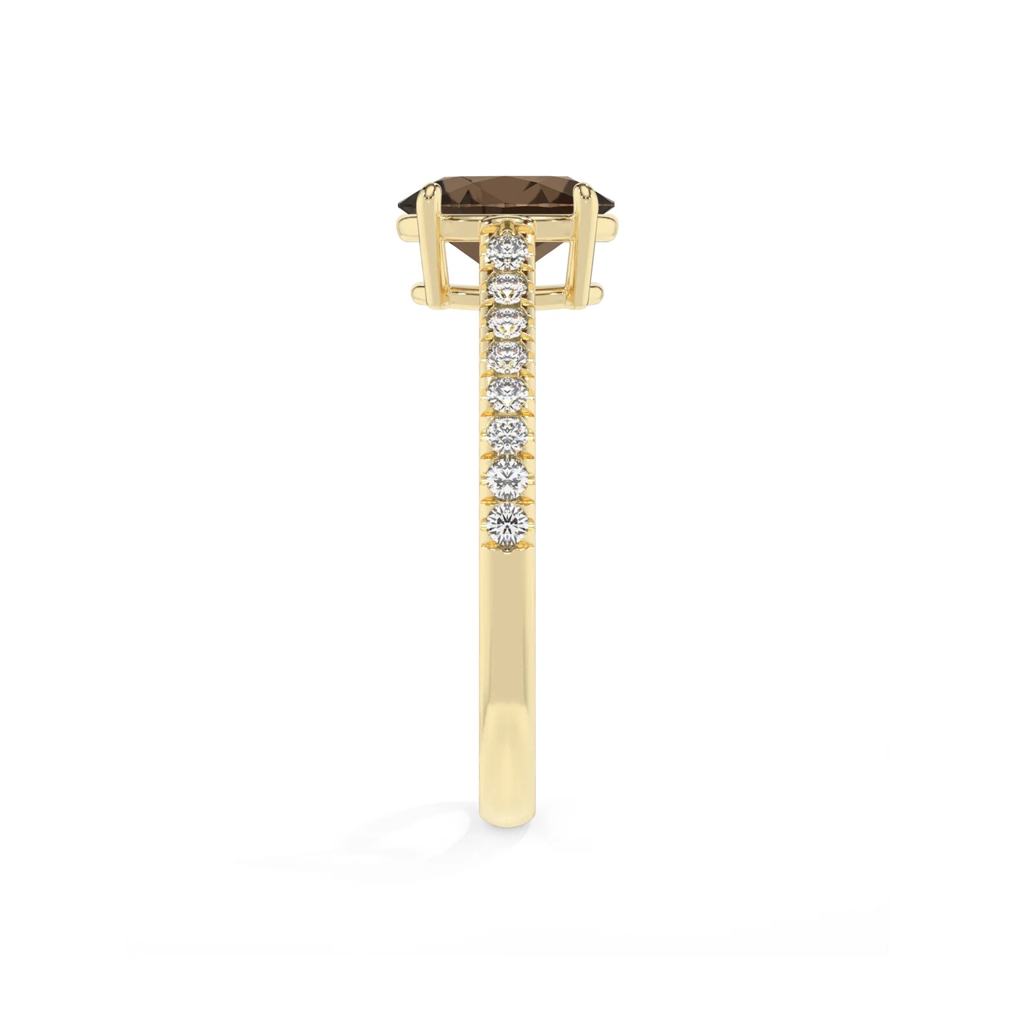 natural smoky-quartz oval half eternity solitaire engagement rings in yellow gold