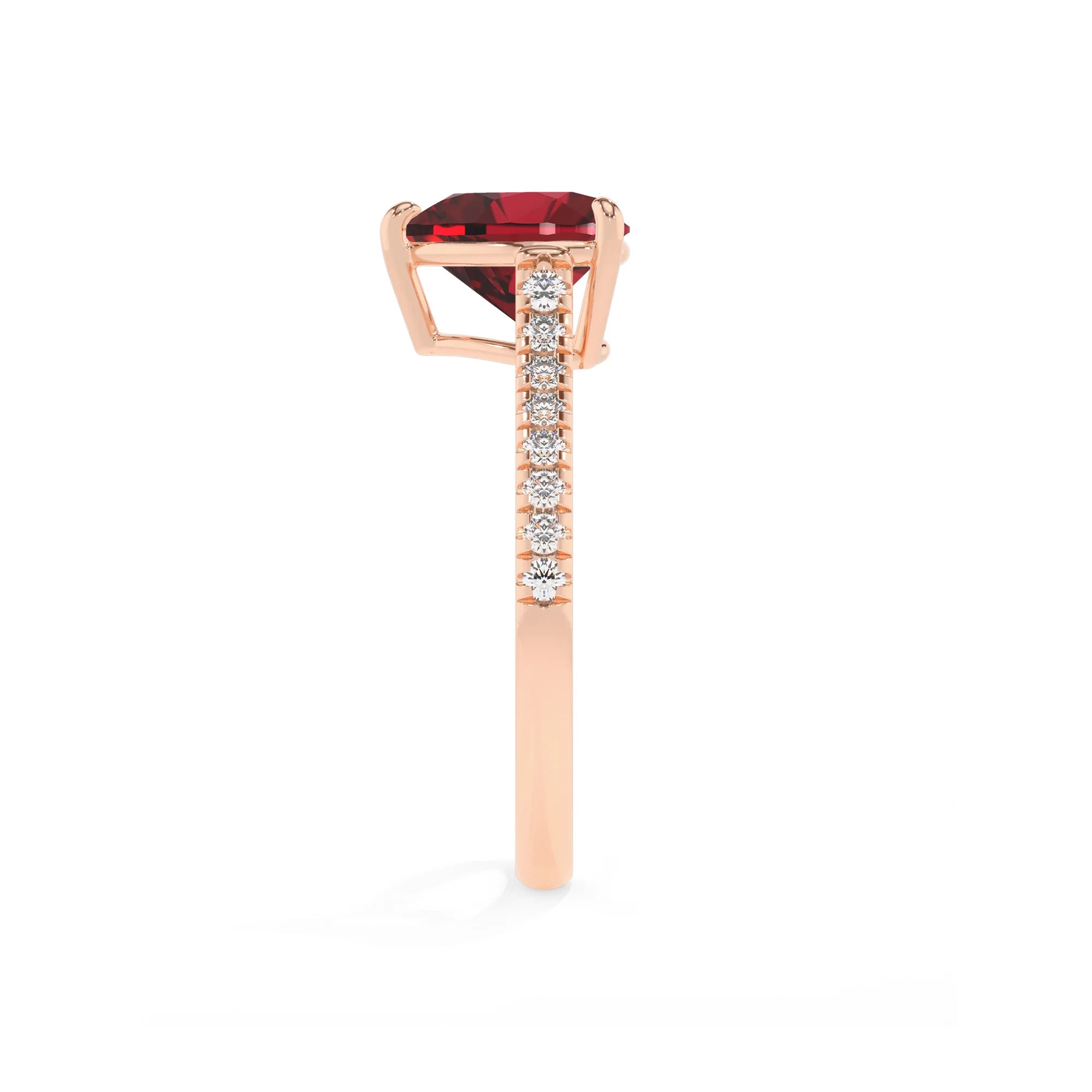 lab grown ruby heart half eternity solitaire engagement rings in rose gold