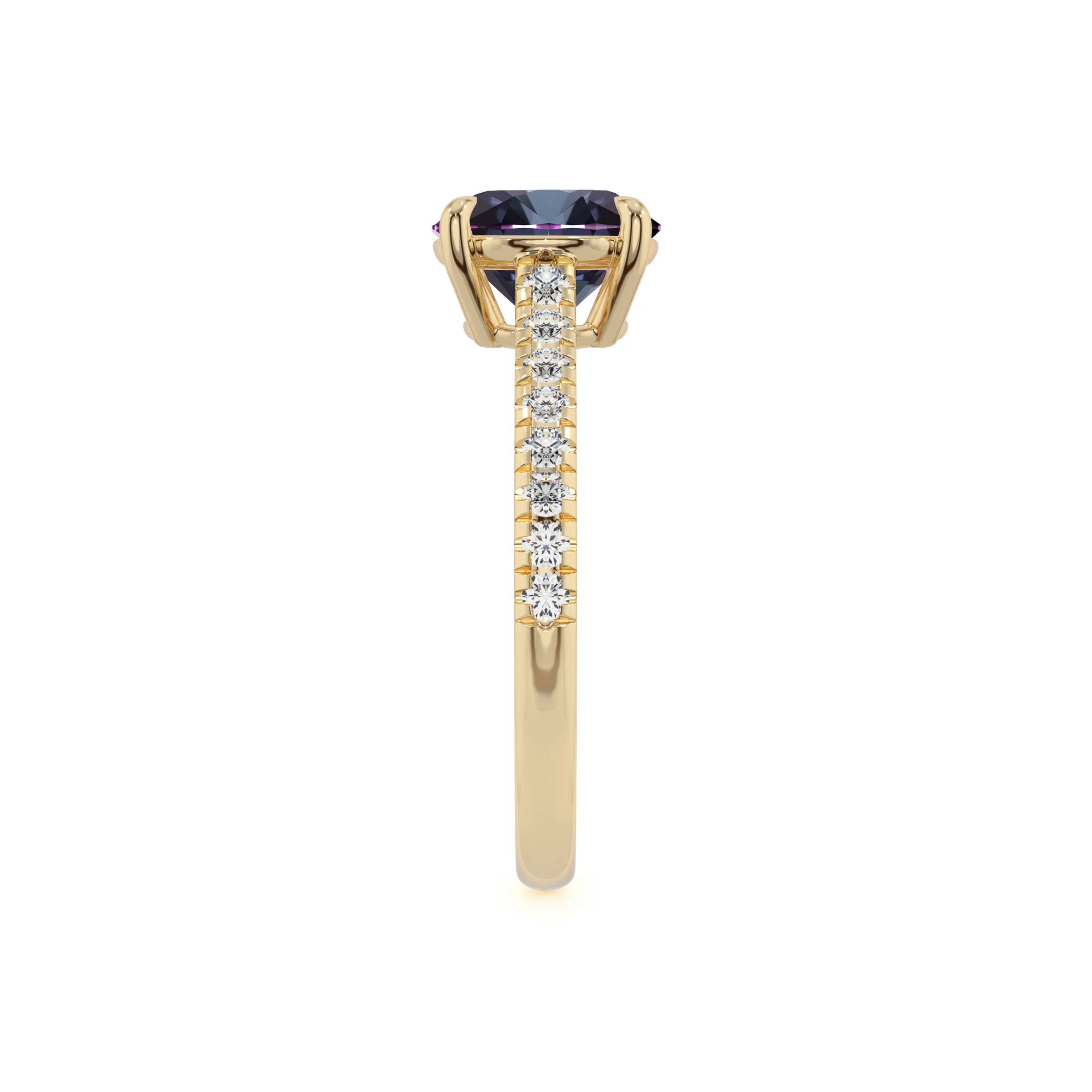 lab grown alexandrite round half eternity solitaire engagement rings in yellow gold