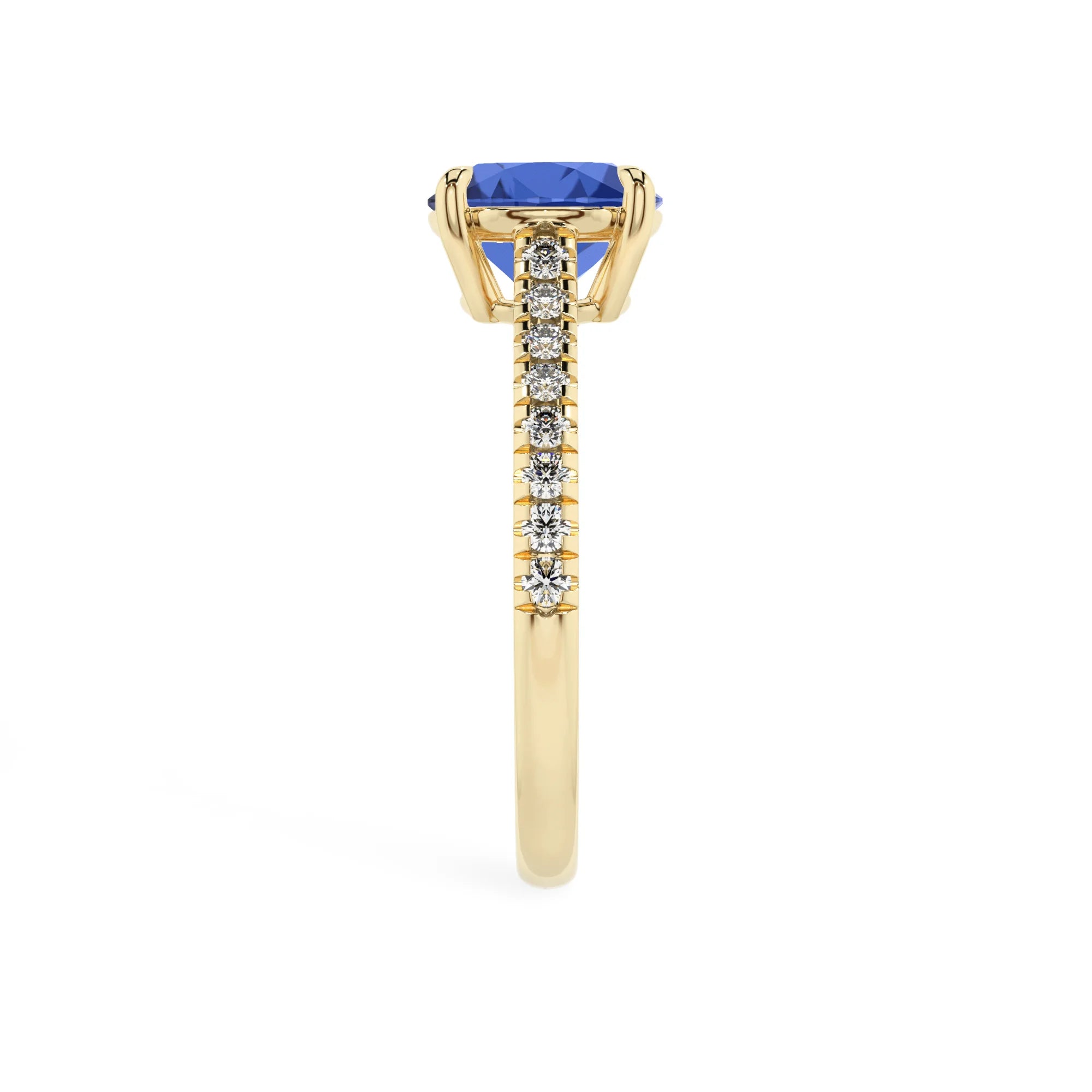 lab grown blue-sapphire round half eternity solitaire engagement rings in yellow gold