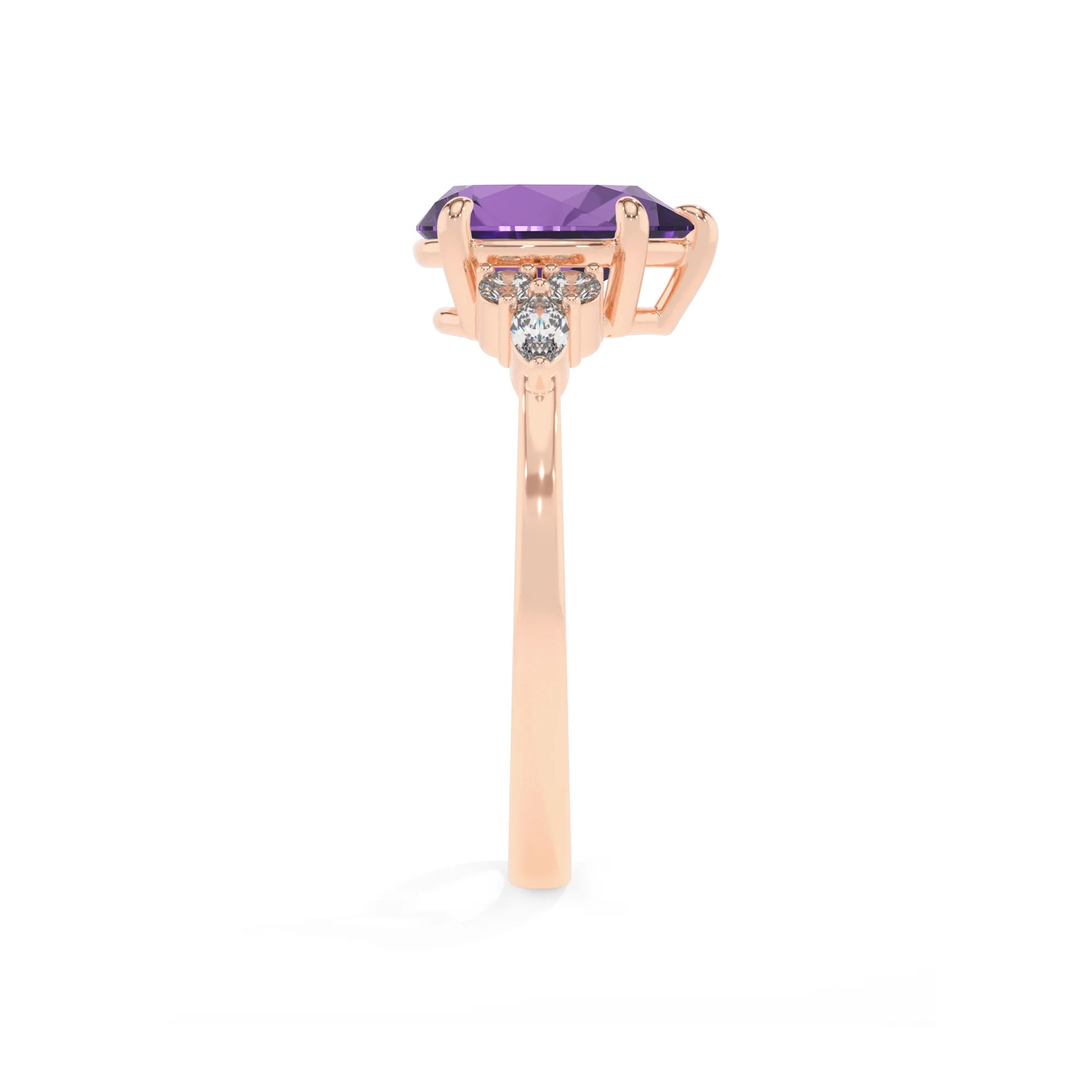 lab grown amethyst pear solitaire rings in rose gold
