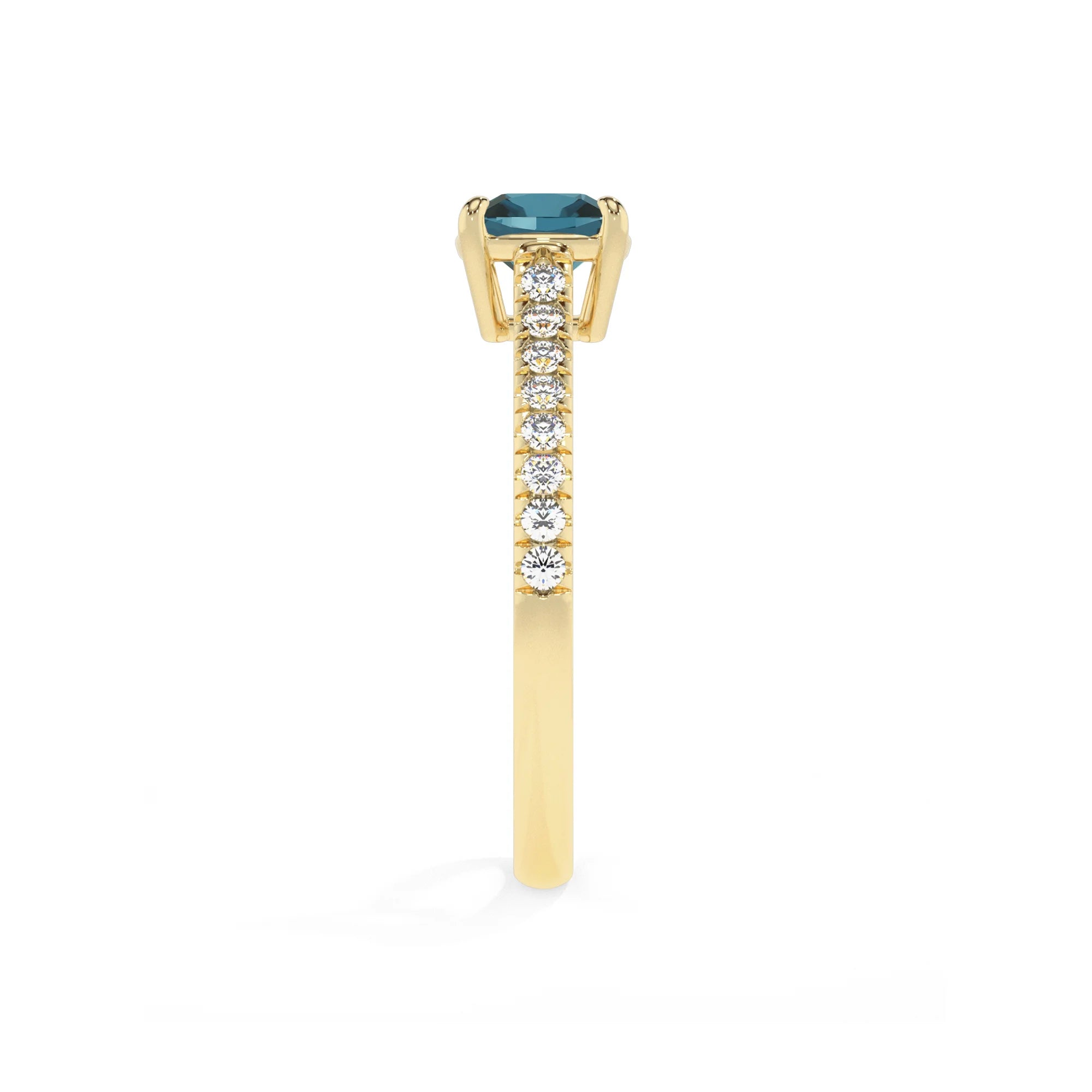 natural london-blue-topaz cushion half eternity solitaire engagement rings in yellow gold
