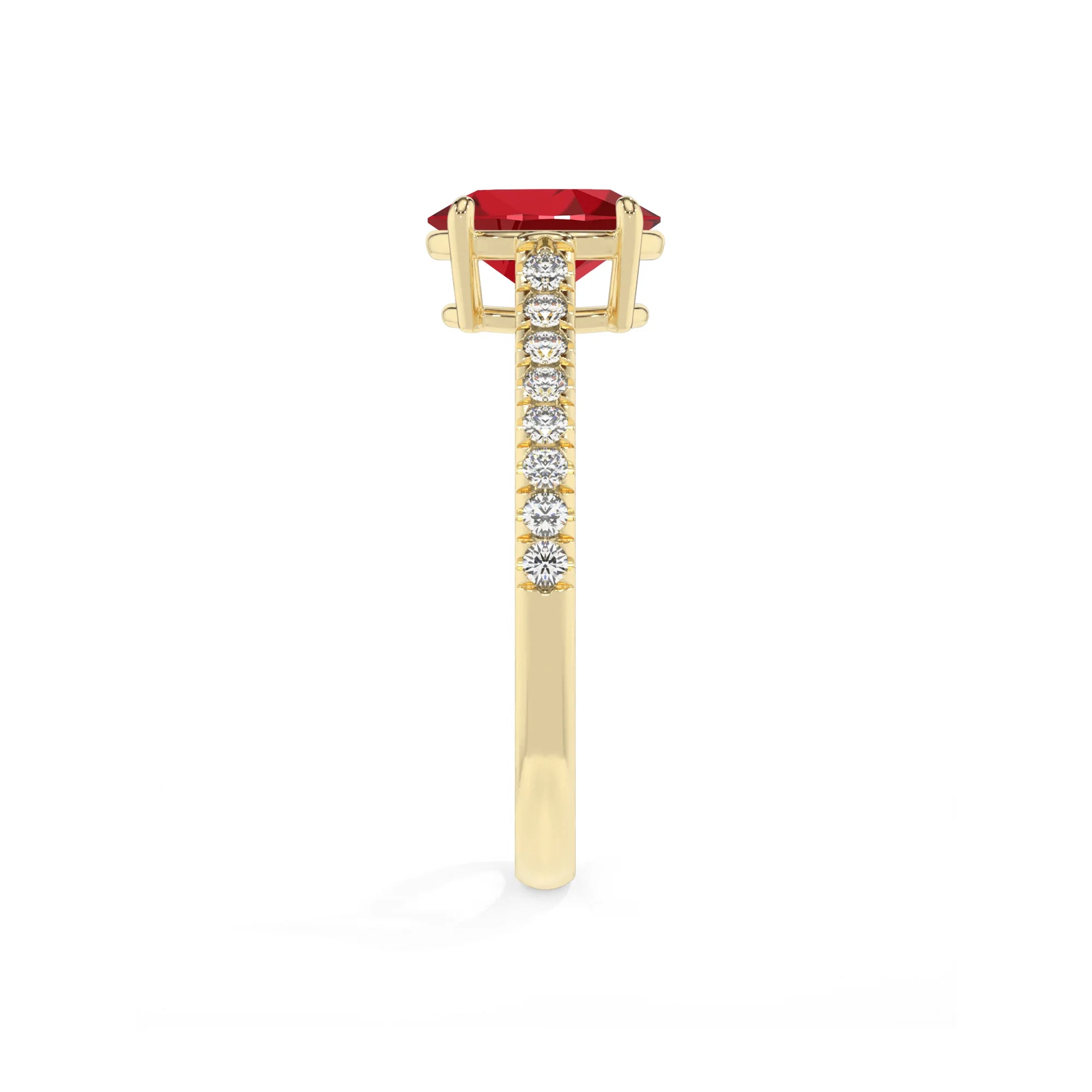 lab grown ruby oval half eternity solitaire engagement rings in yellow gold