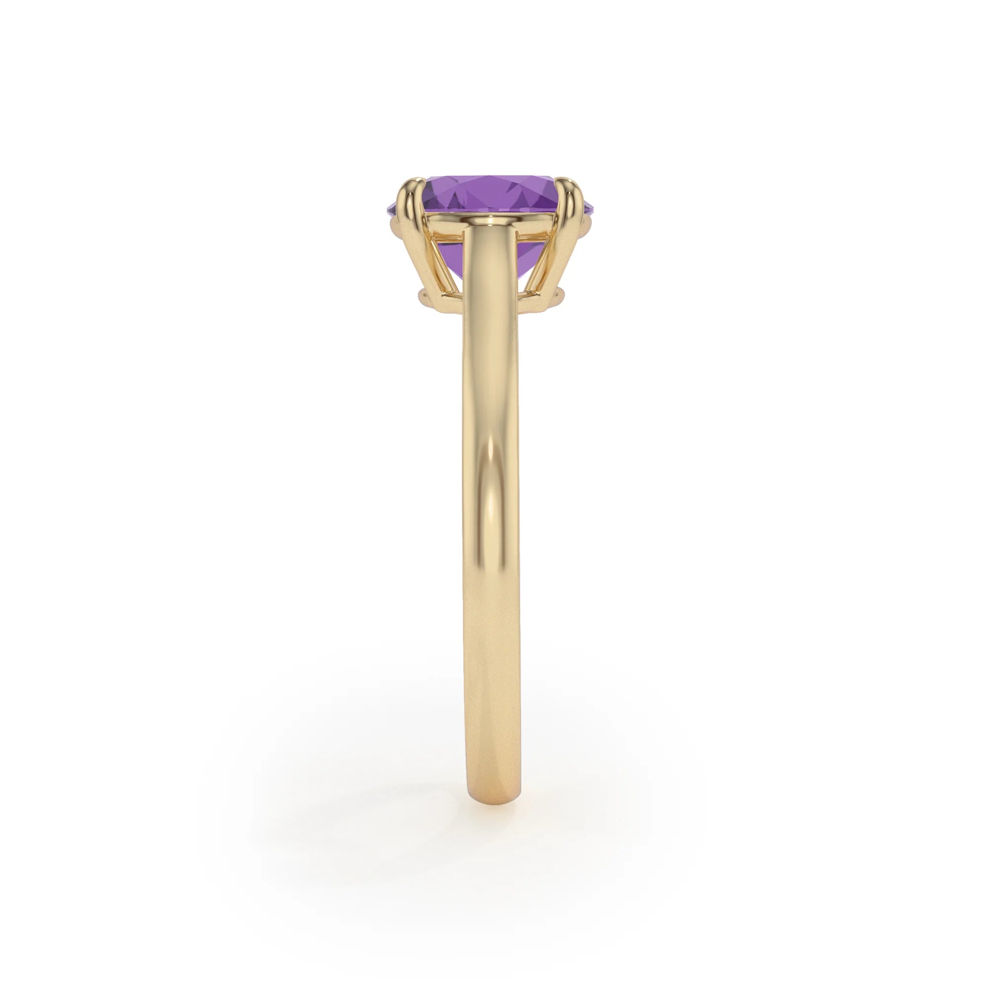 lab grown amethyst round solitaire rings in yellow gold