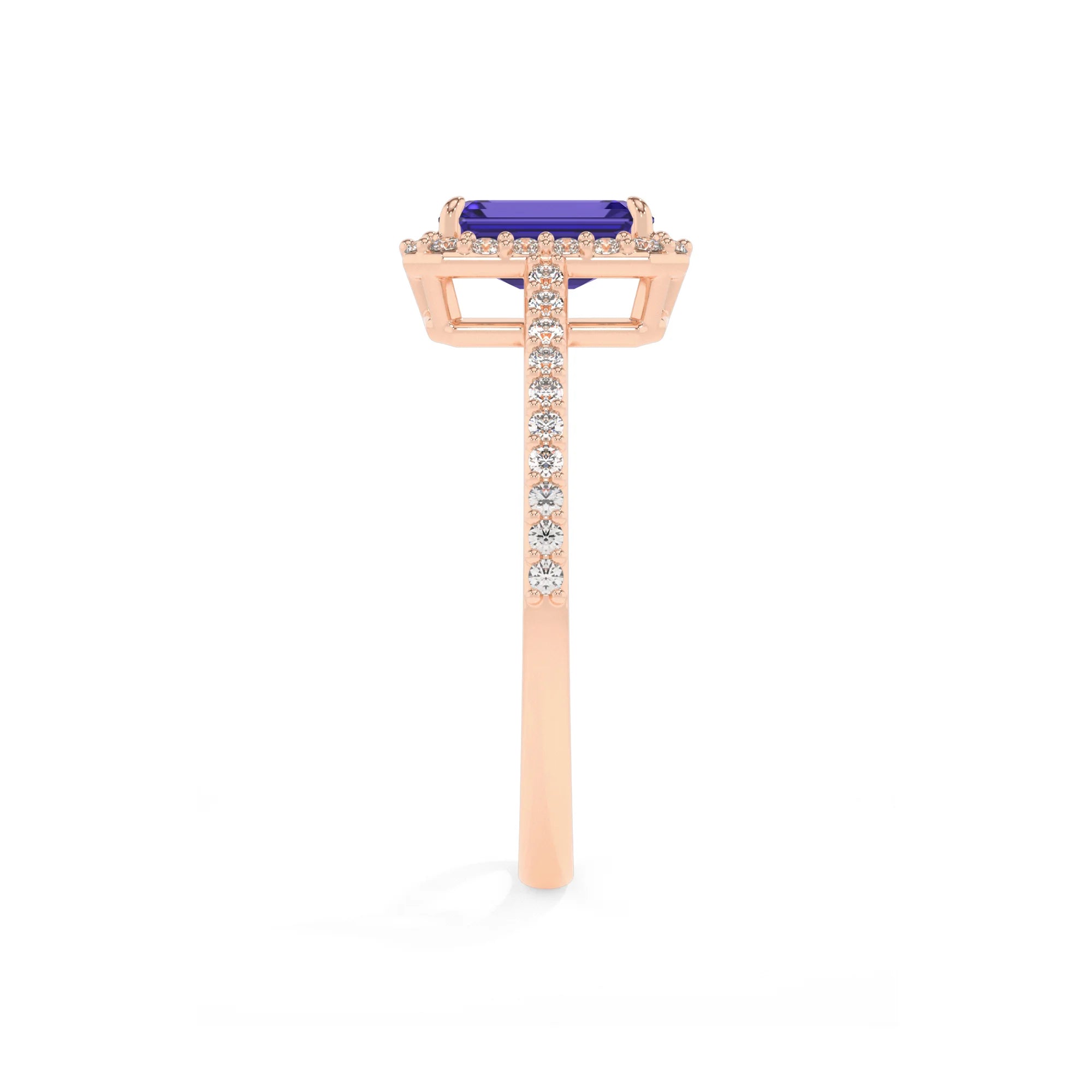 lab grown tanzanite emerald cut solitaire rings in rose gold