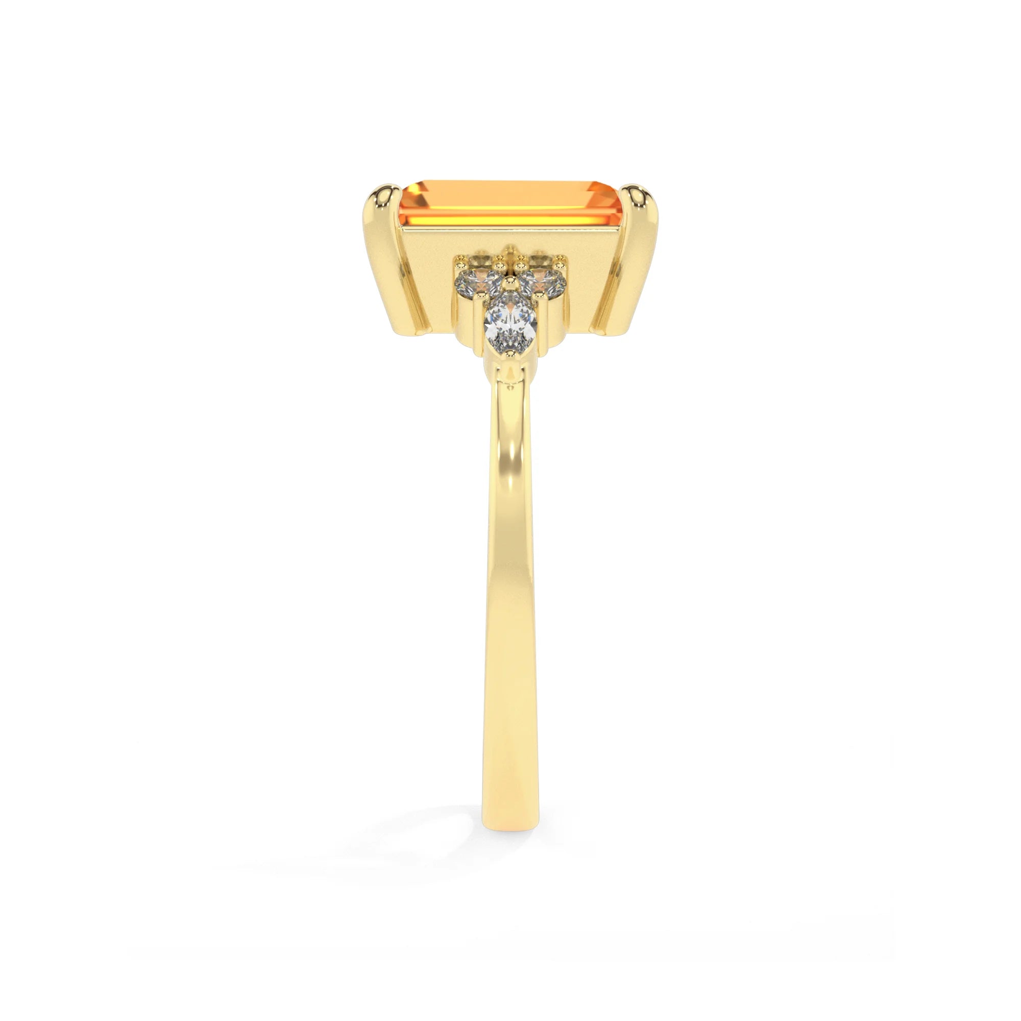 lab grown citrine emerald cut solitaire rings in yellow gold