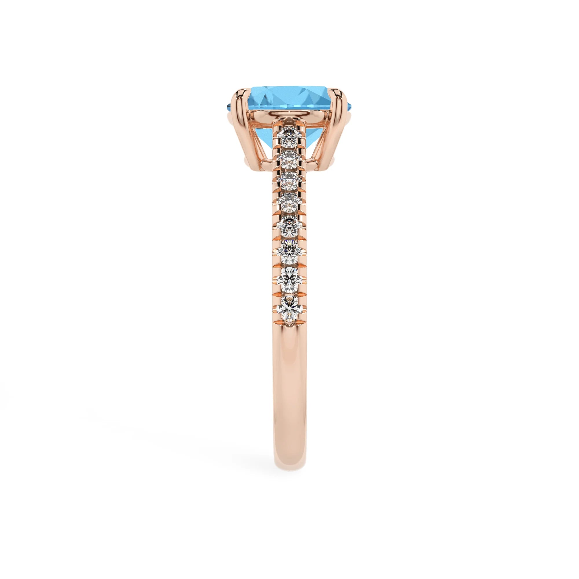 natural swiss-blue-topaz round half eternity solitaire engagement rings in rose gold