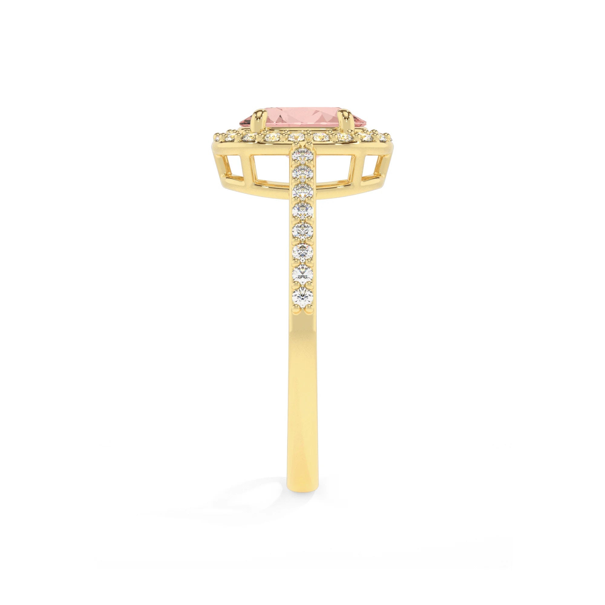 lab grown morganite oval solitaire rings in yellow gold