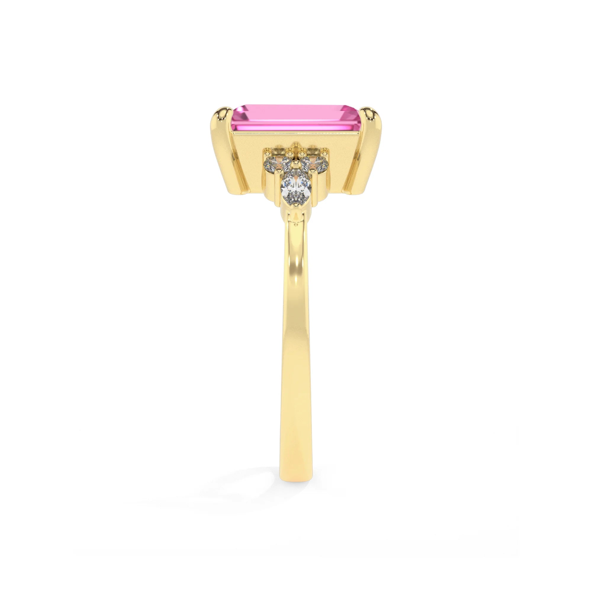 lab grown pink-sapphire emerald cut solitaire rings in yellow gold