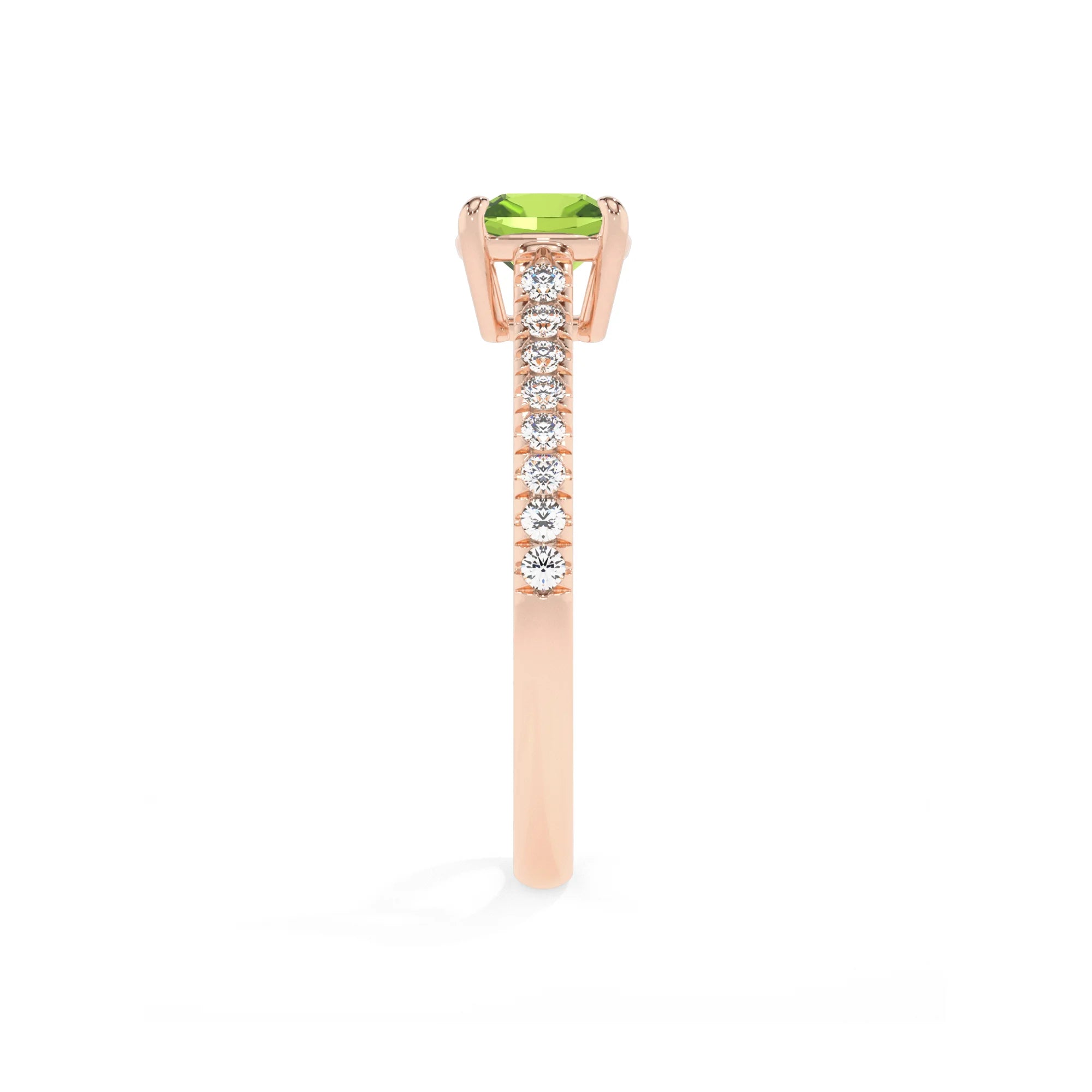 natural peridot cushion half eternity solitaire engagement rings in rose gold