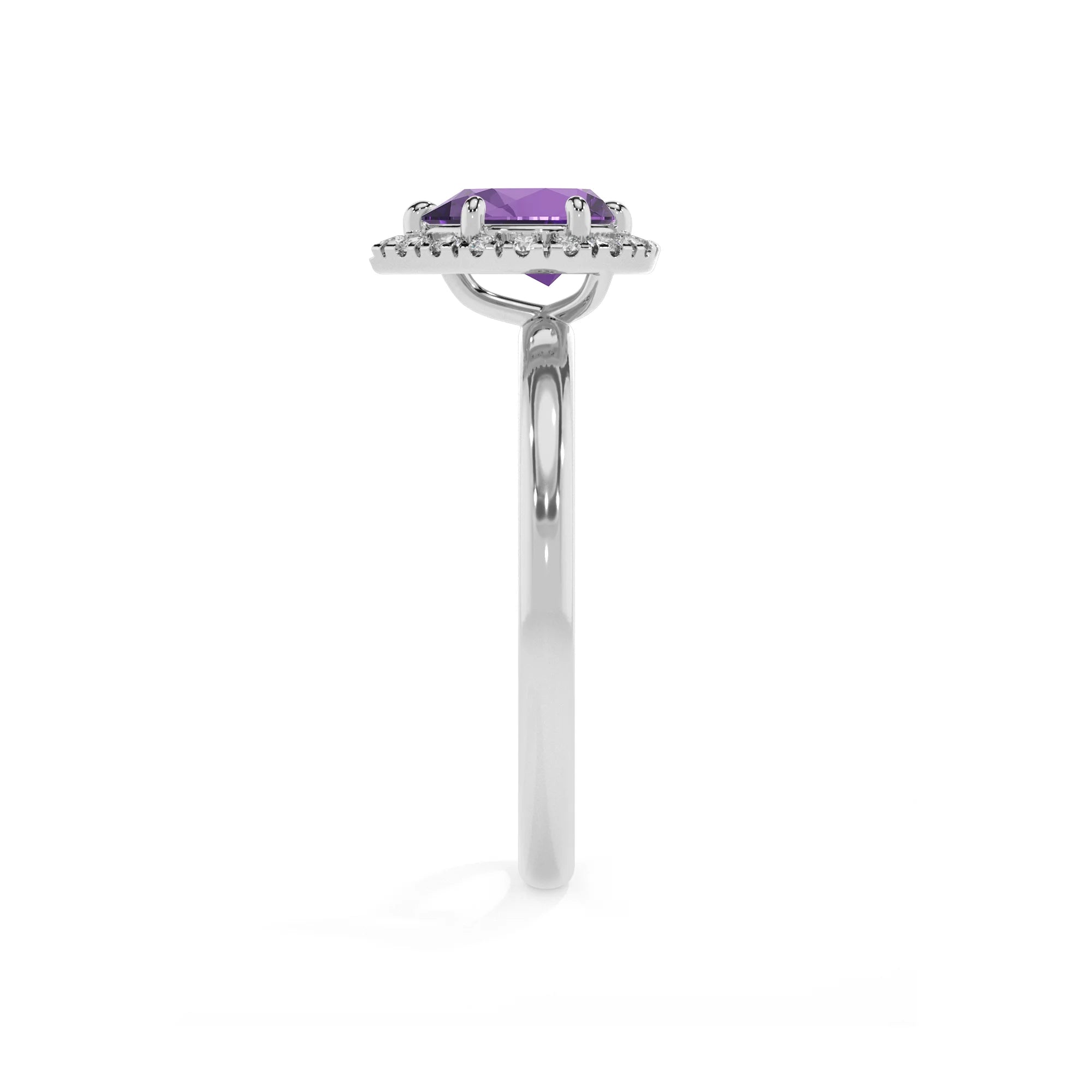 lab grown amethyst pear solitaire rings in platinum