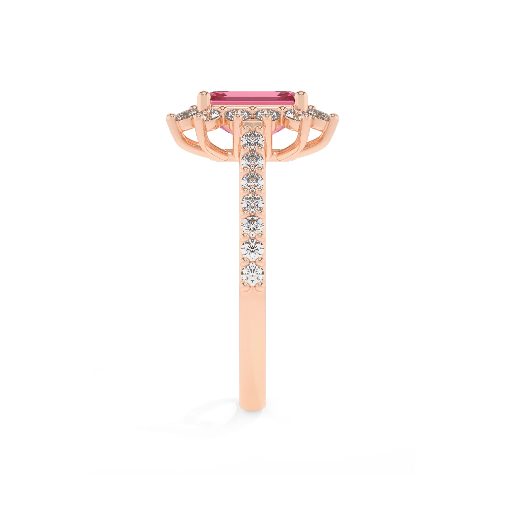 lab grown pink-tourmaline emerald cut solitaire rings in rose gold