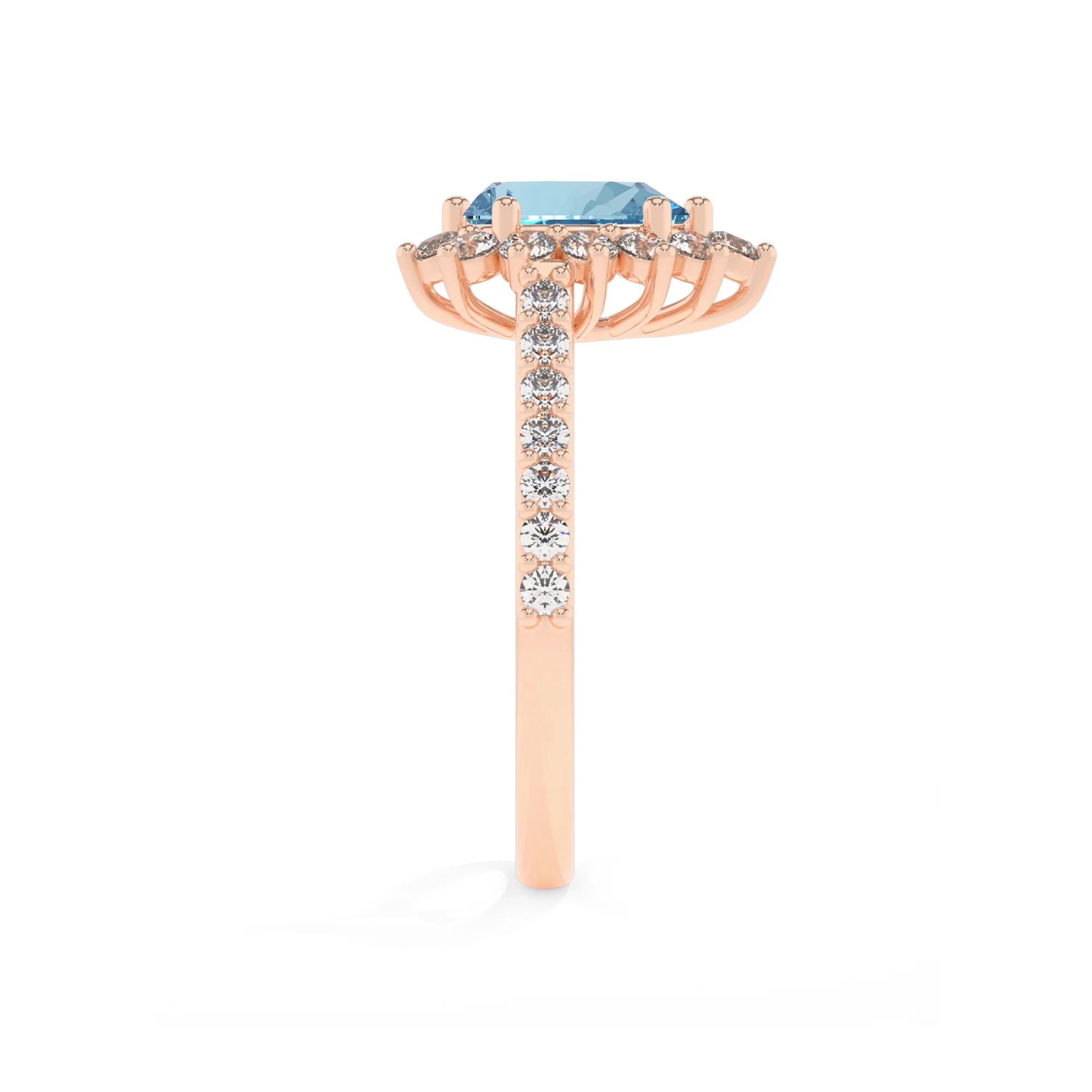 lab grown aquamarine pear solitaire rings in rose gold