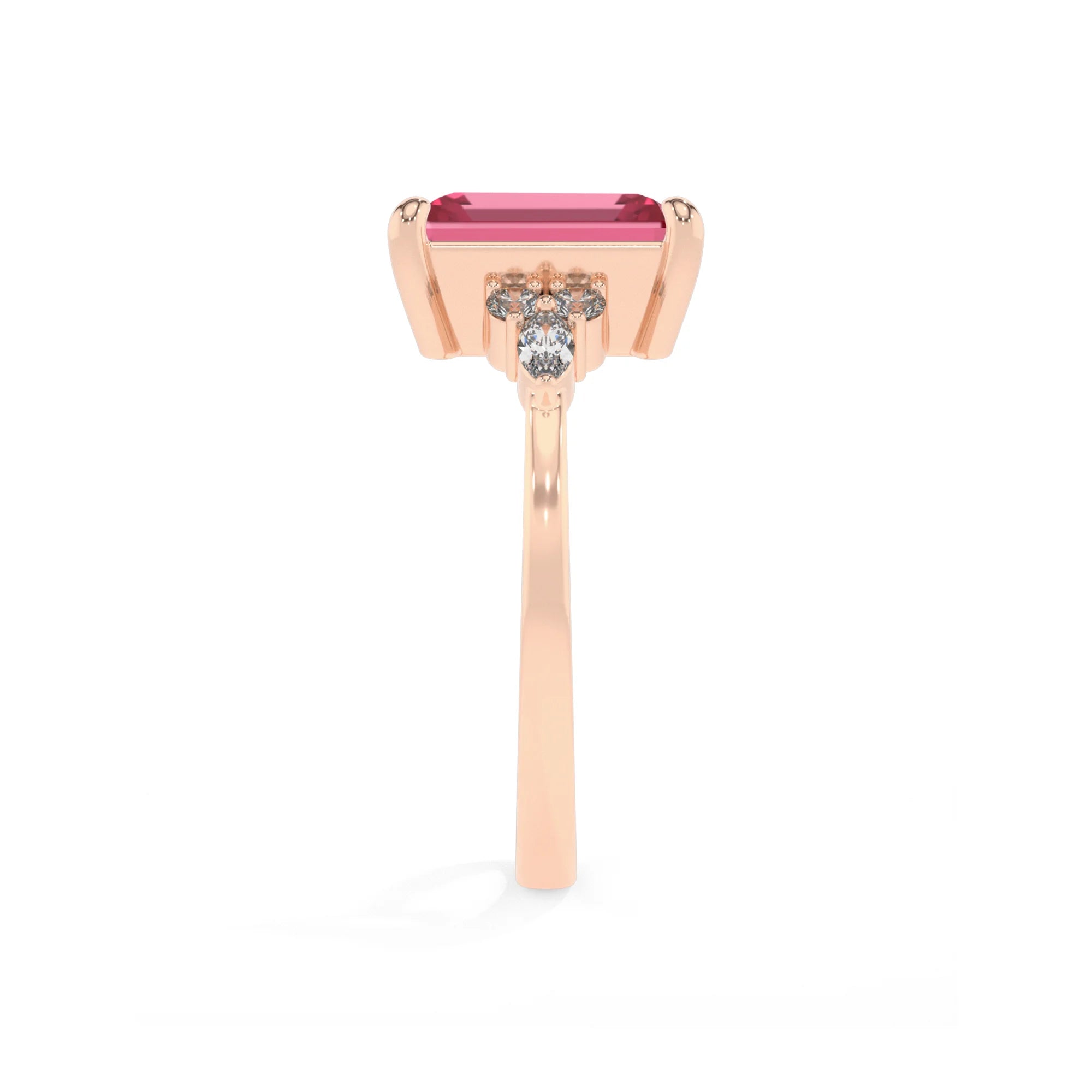 lab grown pink-tourmaline emerald cut solitaire rings in rose gold