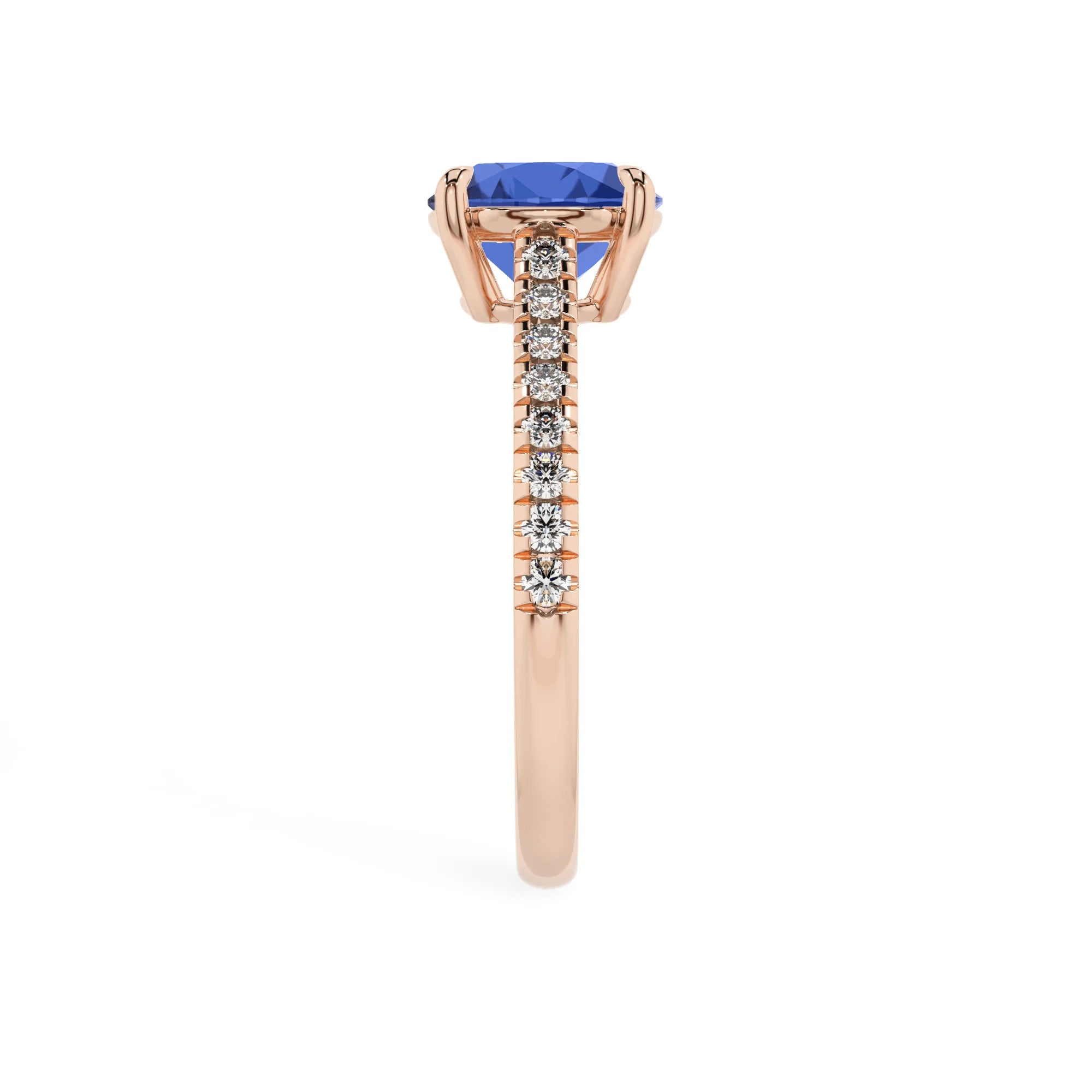 lab grown blue-sapphire round half eternity solitaire engagement rings in rose gold