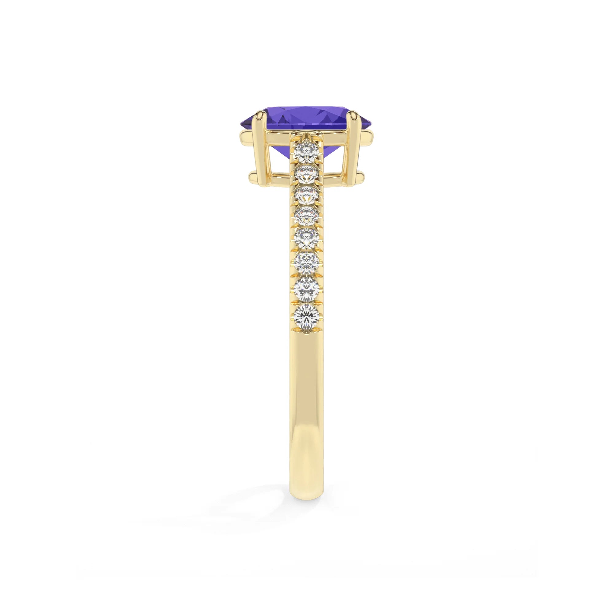 lab grown tanzanite oval half eternity solitaire engagement rings in yellow gold