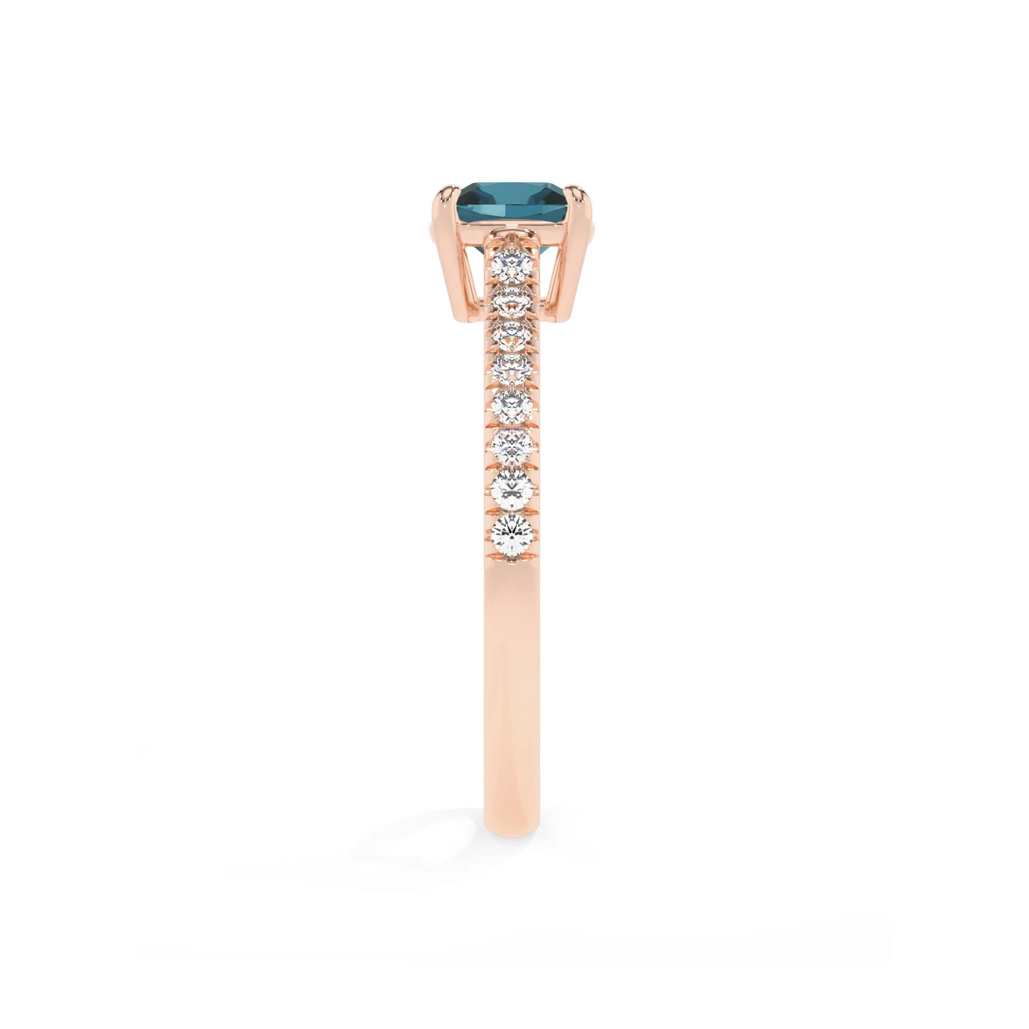 natural london-blue-topaz cushion half eternity solitaire engagement rings in rose gold