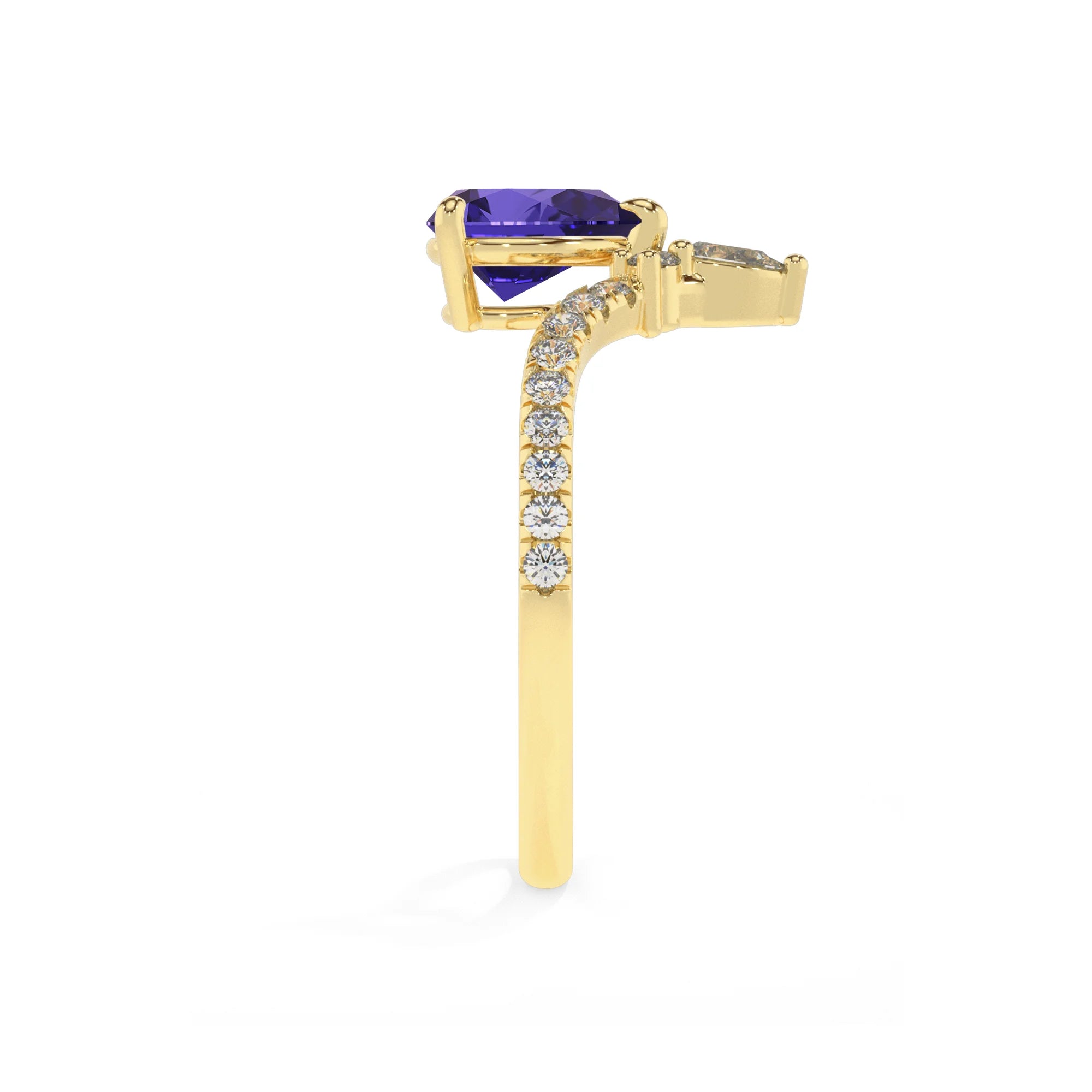lab grown tanzanite pear solitaire rings in yellow gold