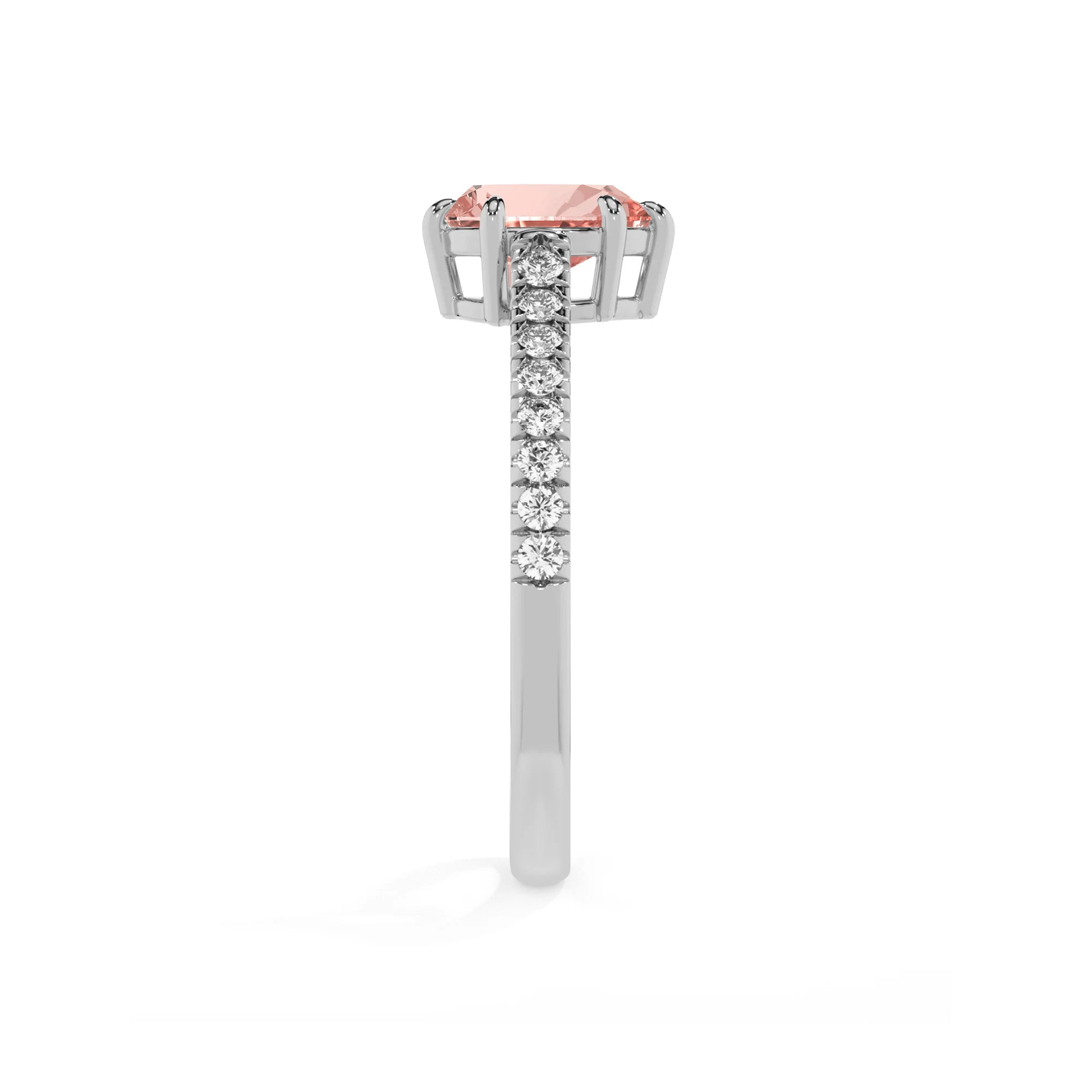 lab grown morganite pear half eternity solitaire engagement rings in white gold