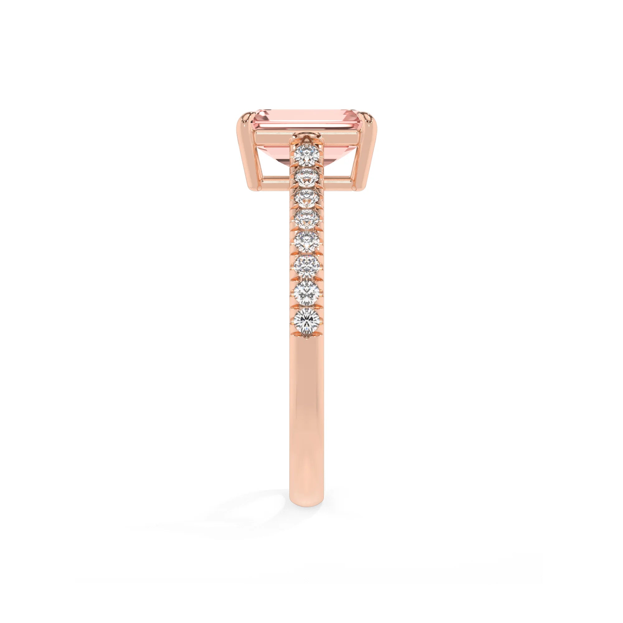 lab grown morganite emerald cut half eternity solitaire engagement rings in rose gold