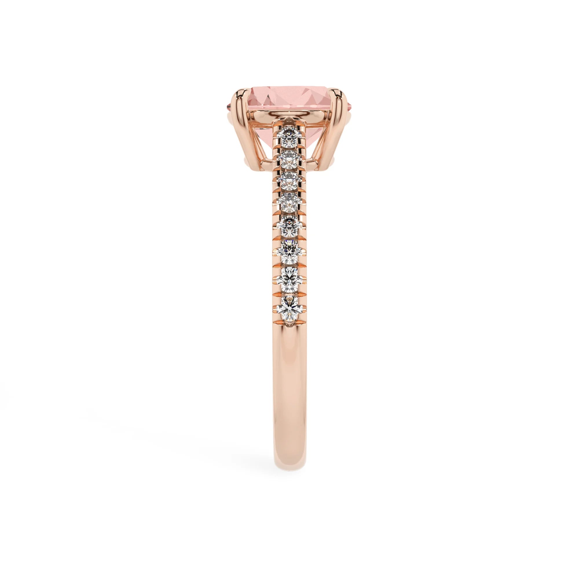lab grown morganite round half eternity solitaire engagement rings in rose gold