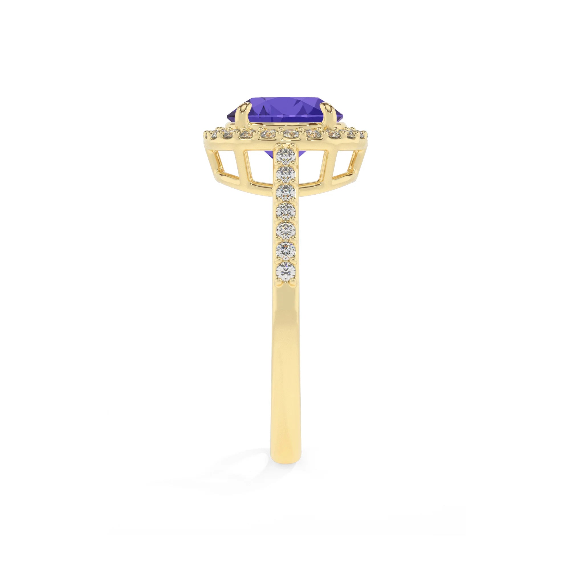 lab grown tanzanite round solitaire rings in yellow gold