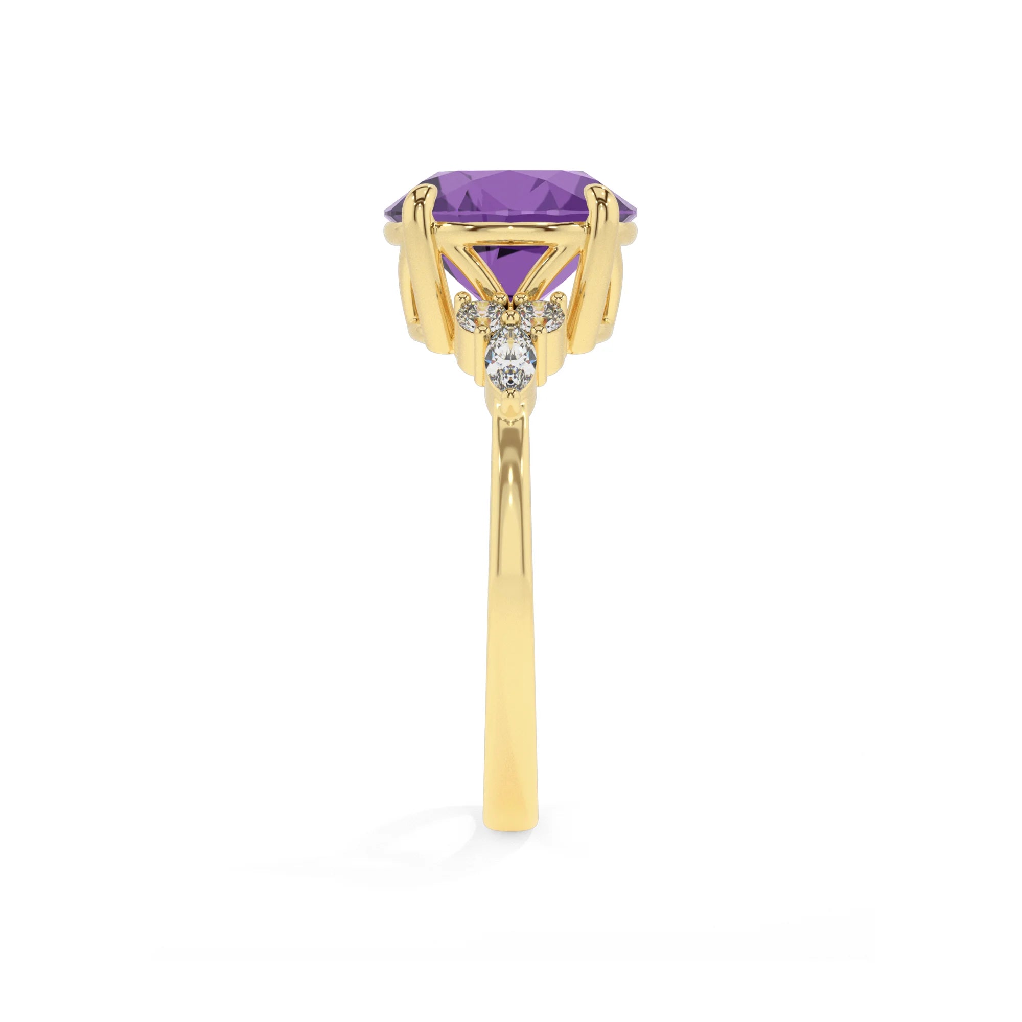 lab grown amethyst round solitaire rings in yellow gold