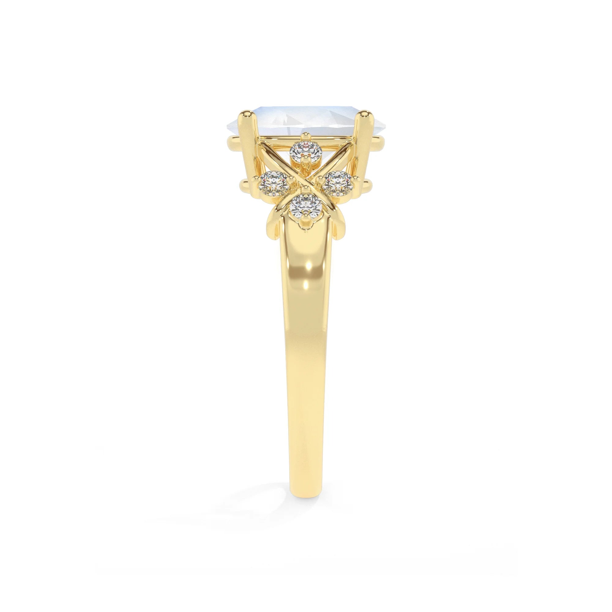 natural rainbow-moonstone oval solitaire rings in yellow gold