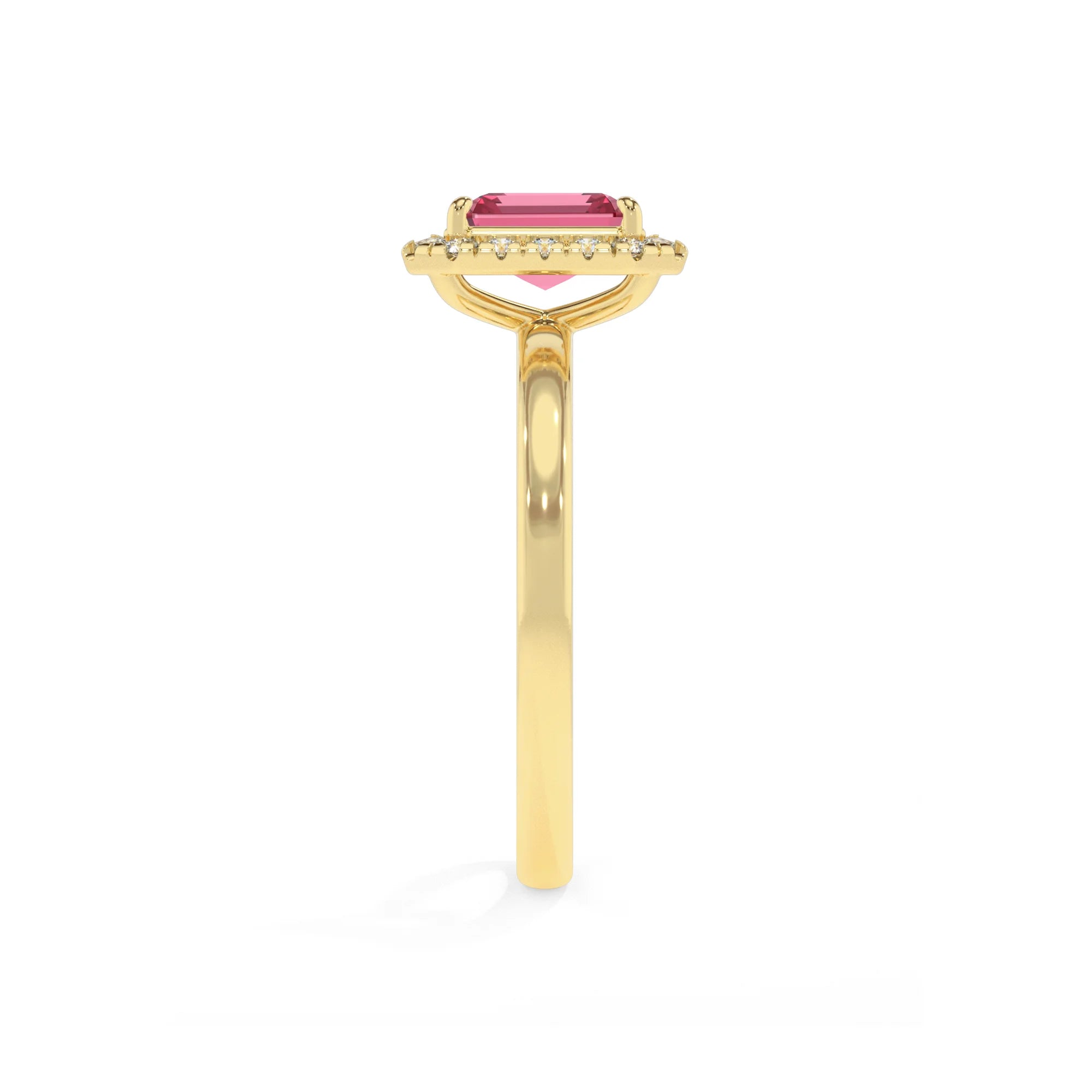 lab grown pink-tourmaline emerald cut solitaire rings in yellow gold