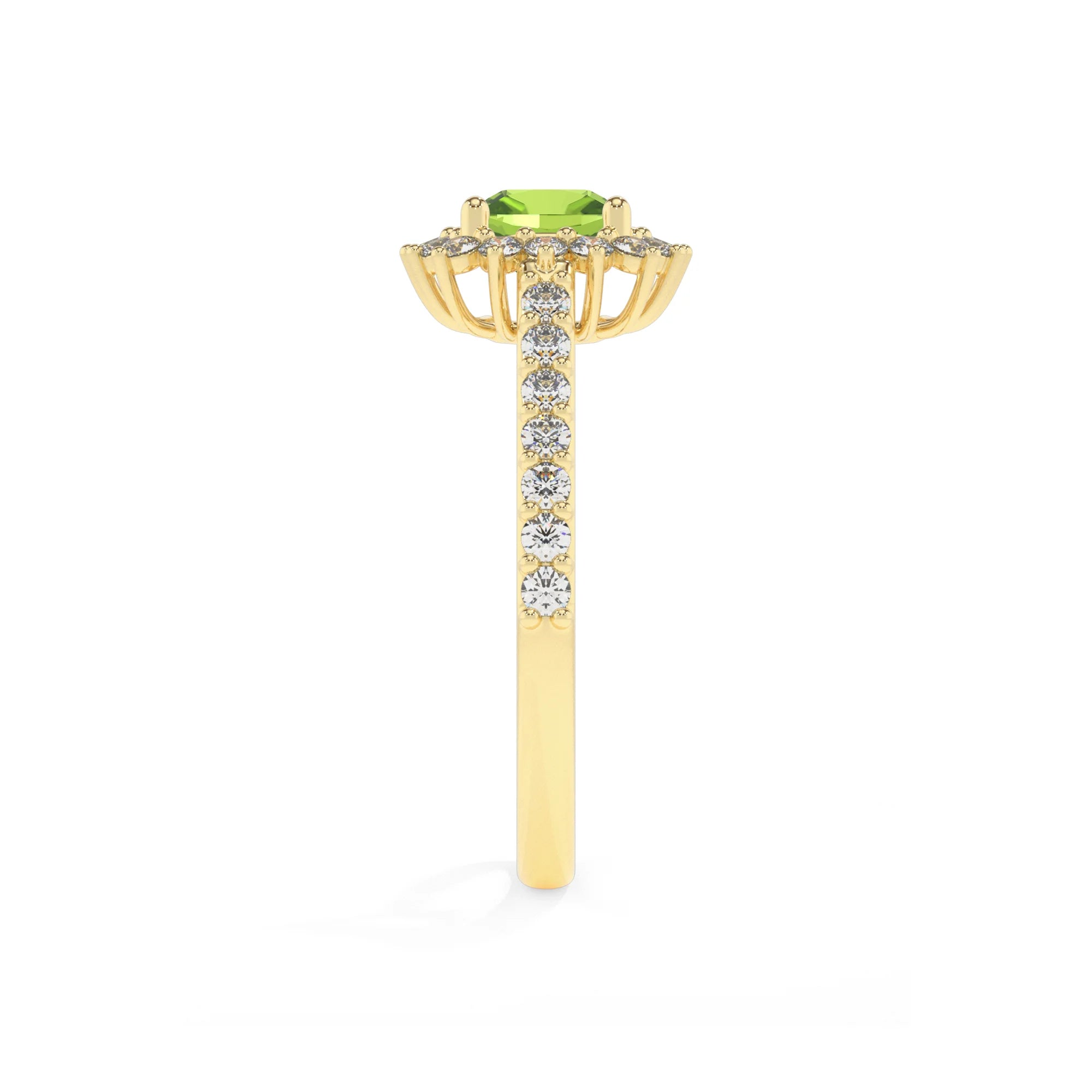 natural peridot cushion solitaire rings in yellow gold