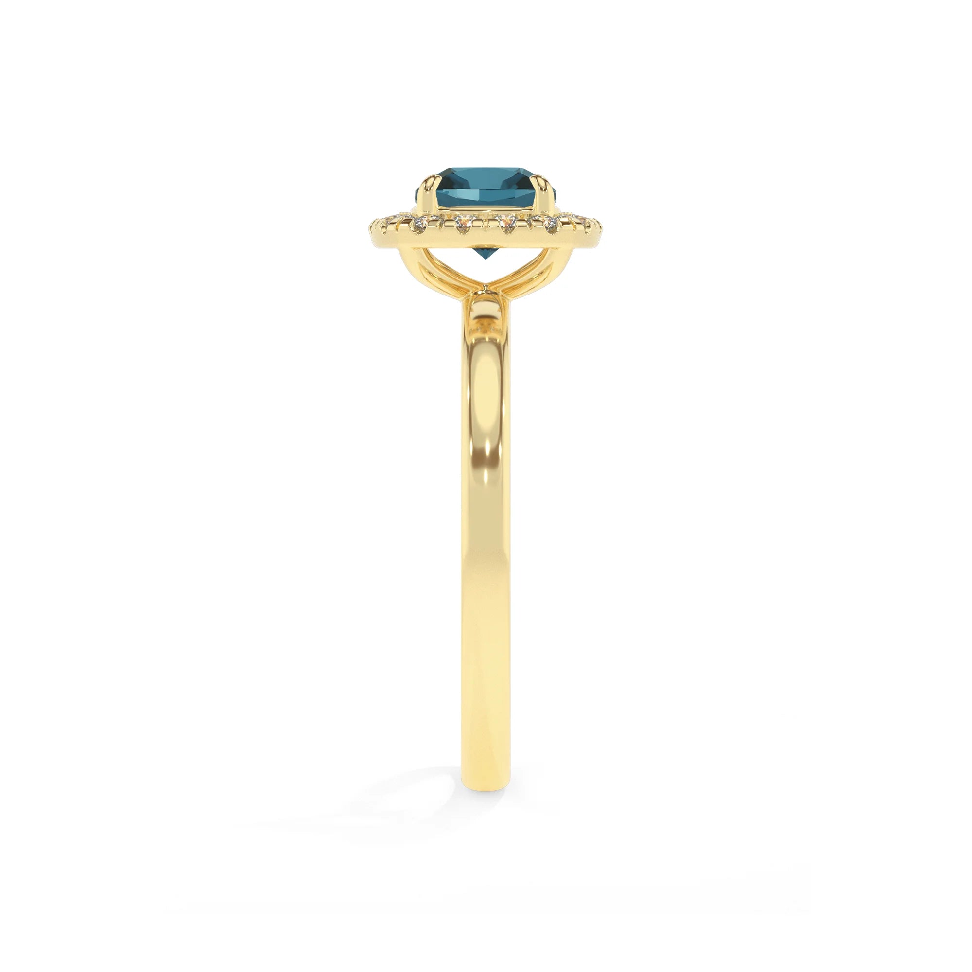 natural london-blue-topaz cushion solitaire rings in yellow gold