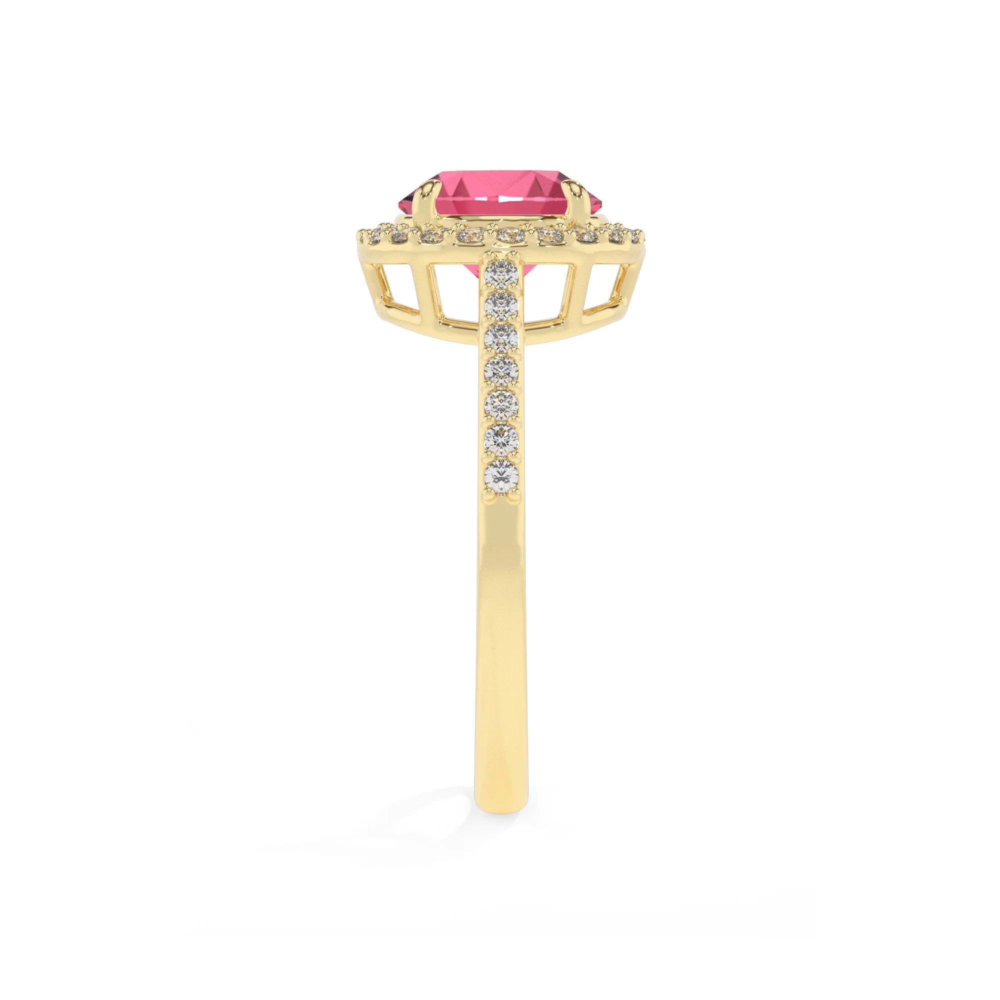 lab grown pink-tourmaline round solitaire rings in yellow gold