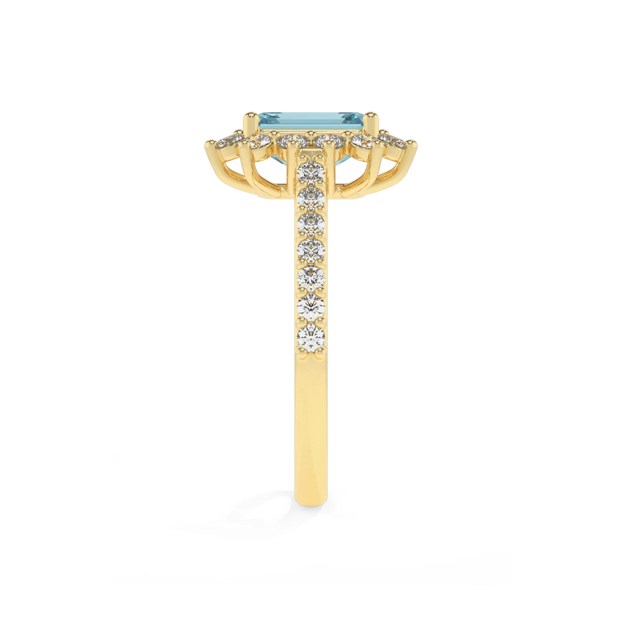 lab grown aquamarine emerald cut solitaire rings in yellow gold