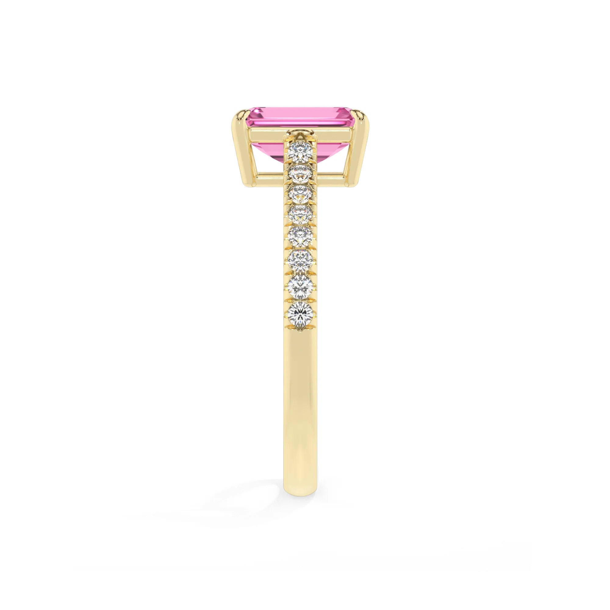 lab grown pink-sapphire emerald cut half eternity solitaire engagement rings in yellow gold