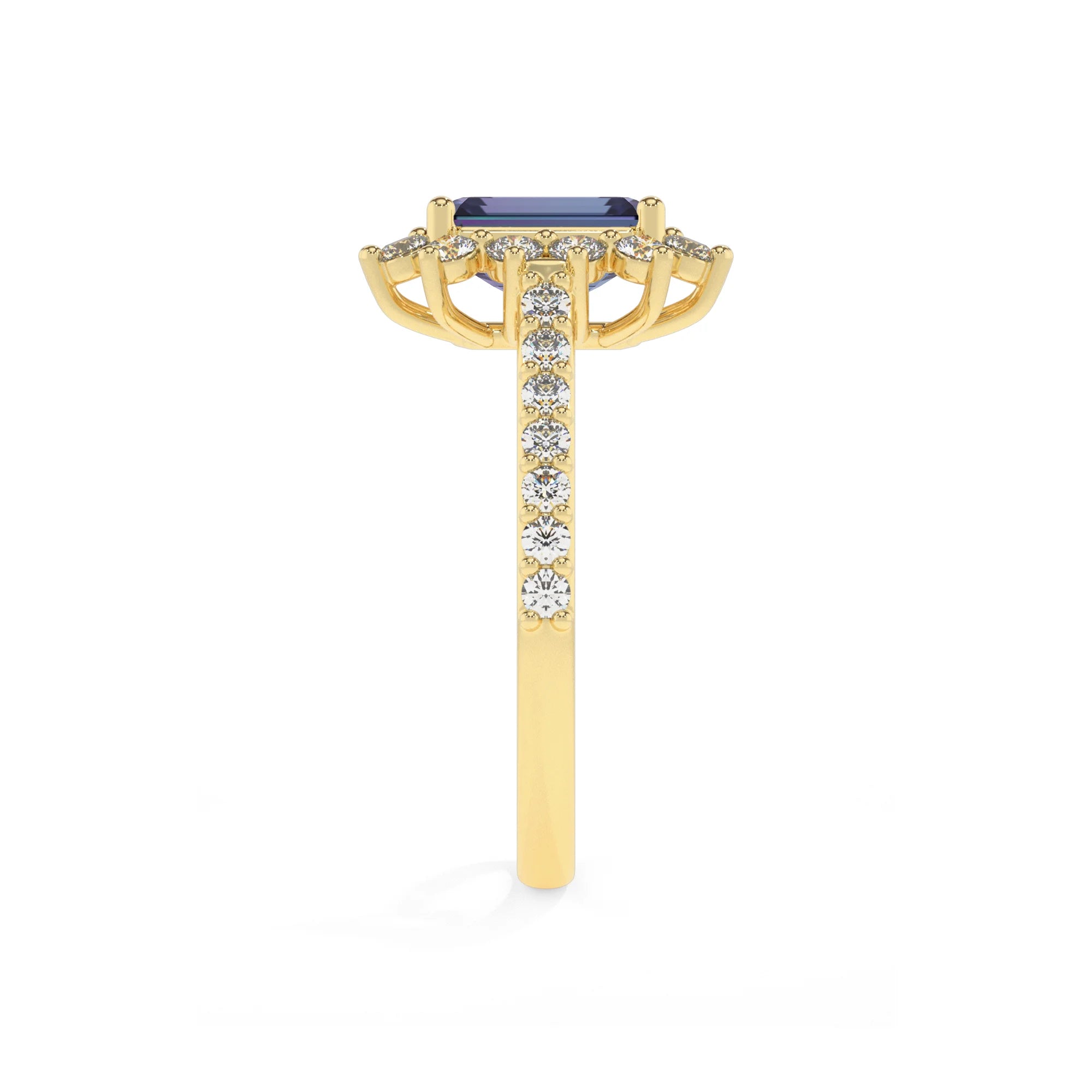lab grown alexandrite emerald cut solitaire rings in yellow gold
