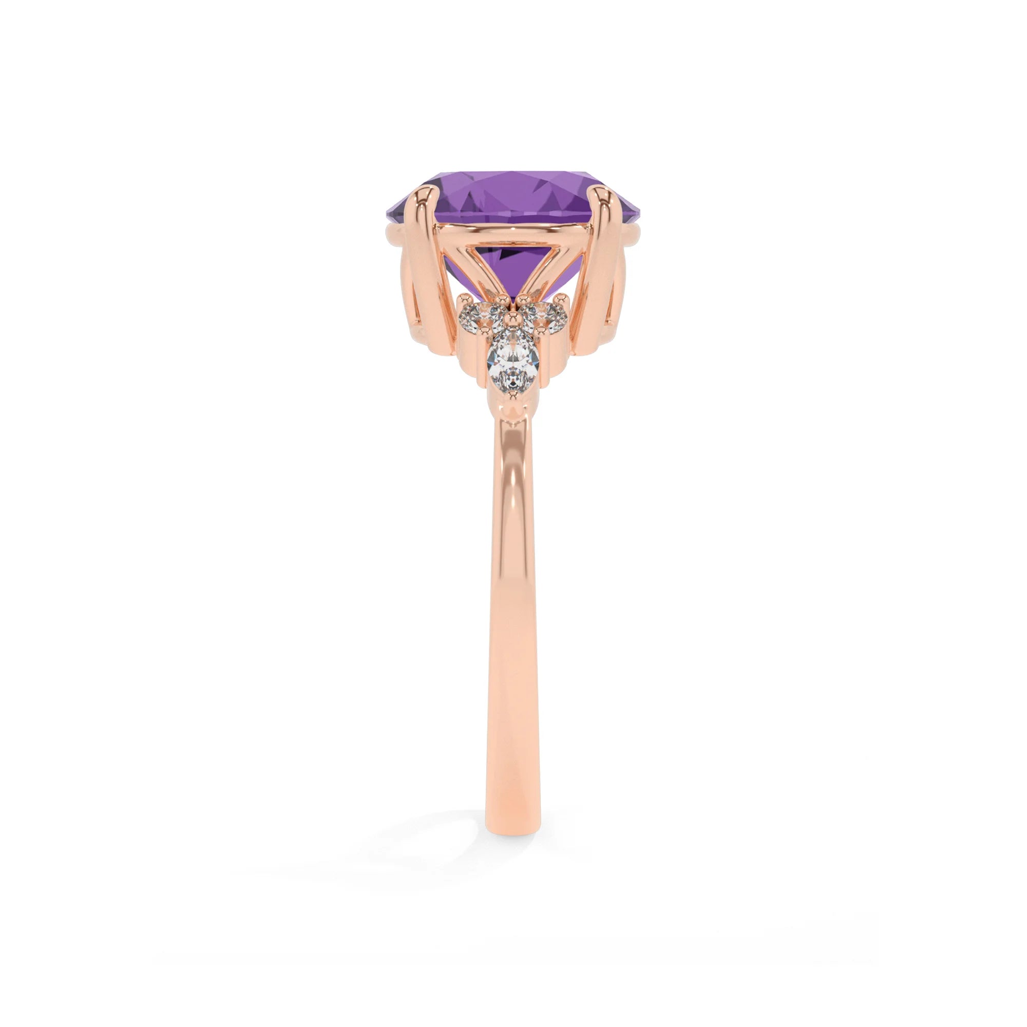 lab grown amethyst round solitaire rings in rose gold