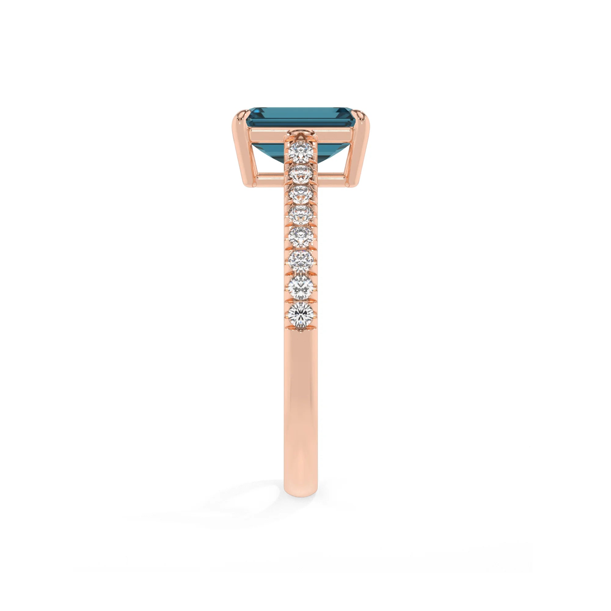 natural london-blue-topaz emerald cut half eternity solitaire engagement rings in rose gold