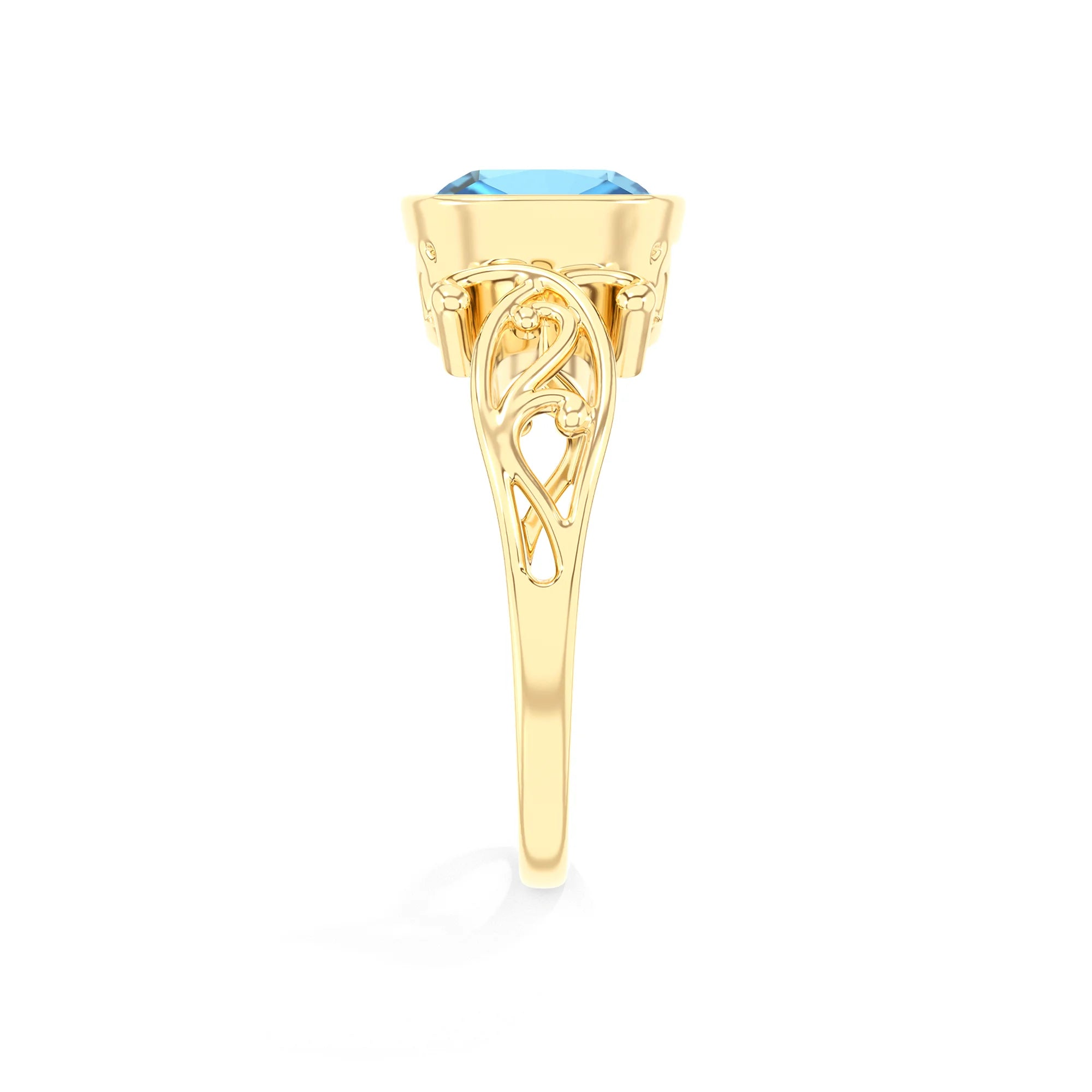 natural swiss-blue-topaz cushion solitaire rings in yellow gold