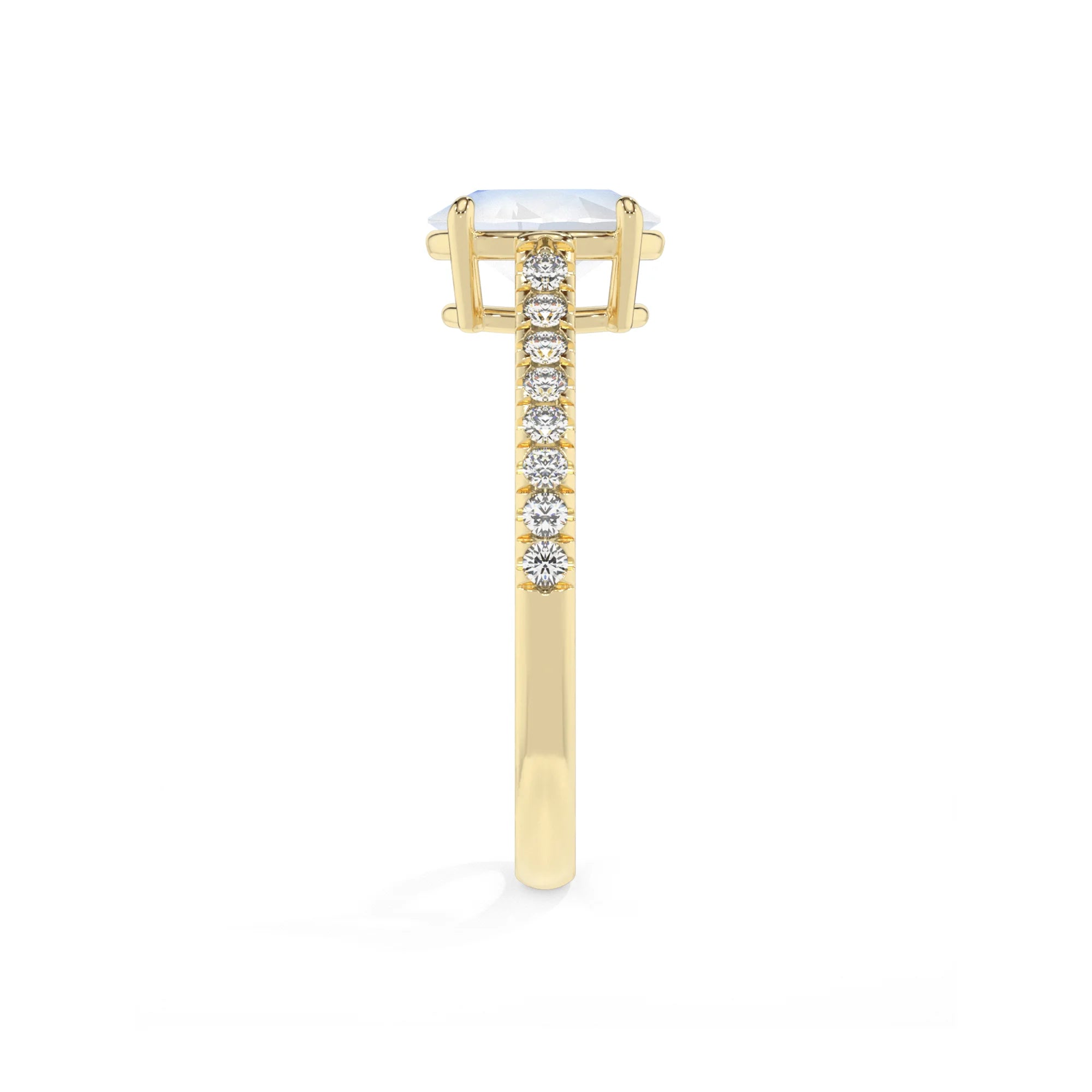 natural rainbow-moonstone oval half eternity solitaire engagement rings in yellow gold