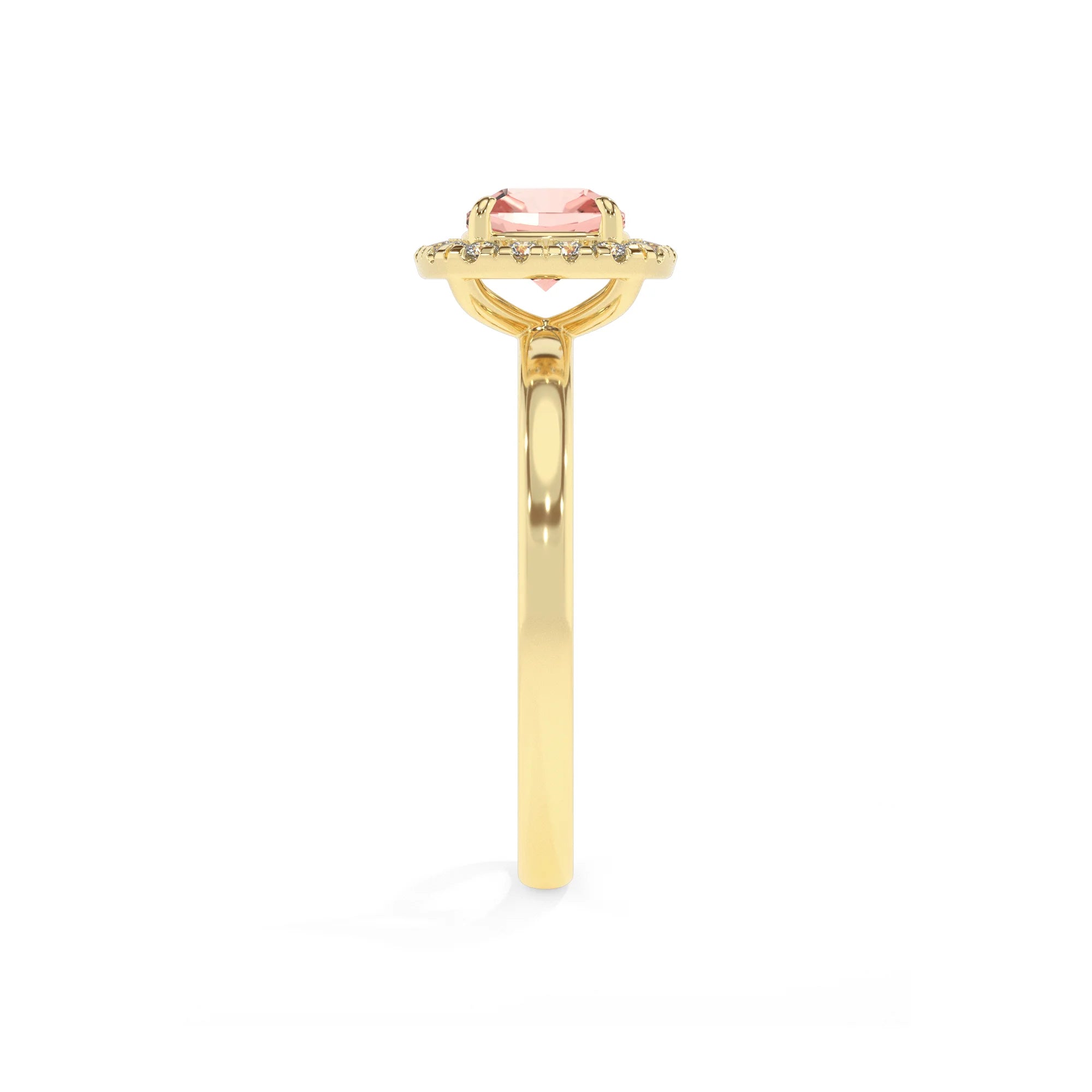 lab grown morganite cushion solitaire rings in yellow gold