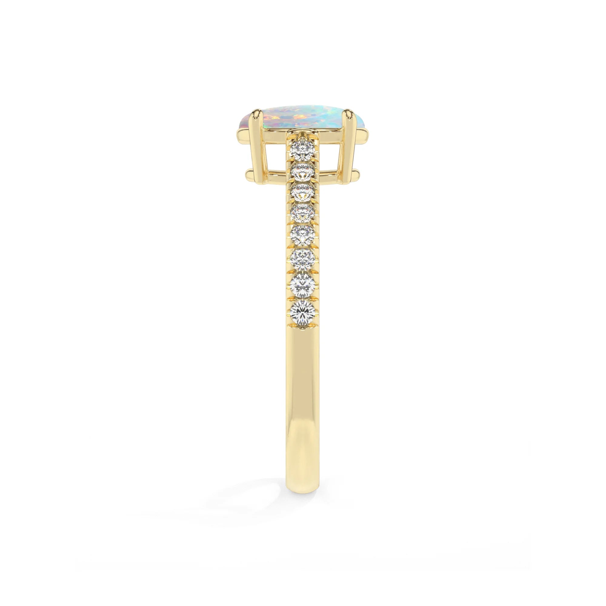 lab grown opal oval half eternity solitaire engagement rings in yellow gold