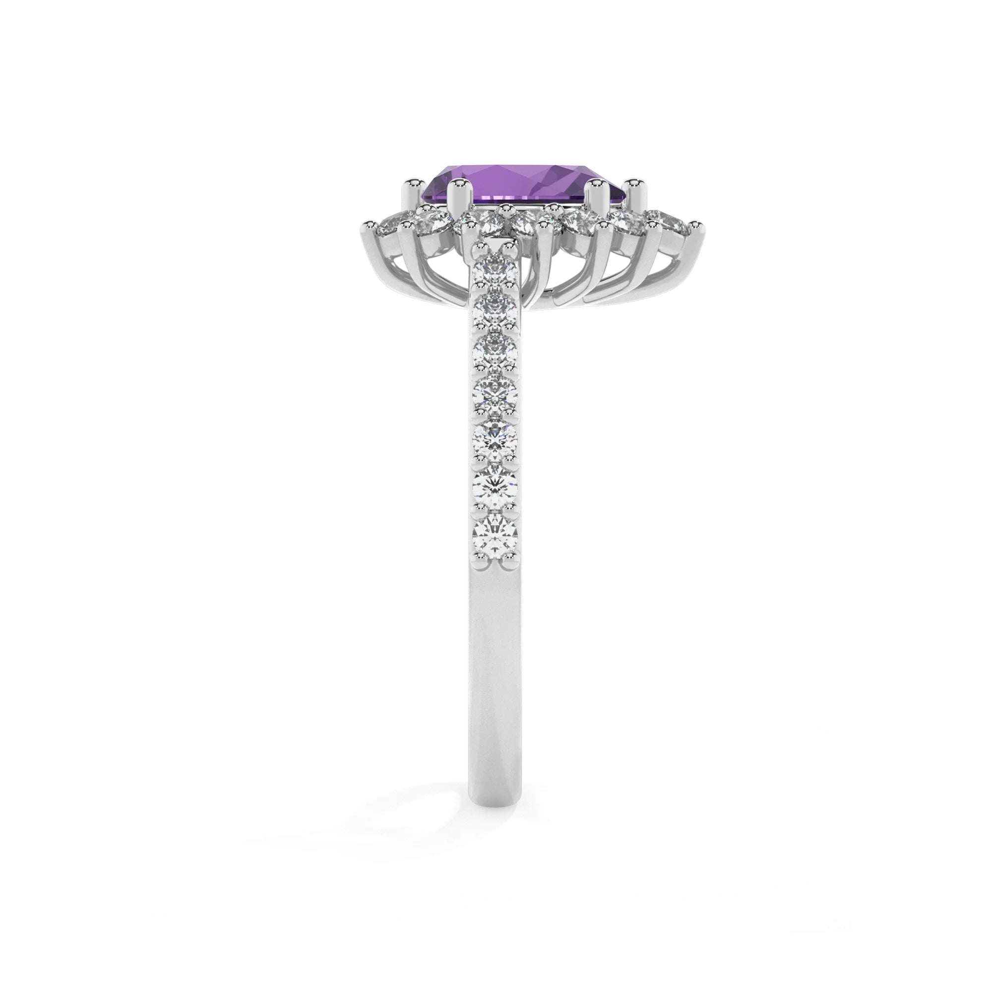 lab grown amethyst pear solitaire rings in platinum